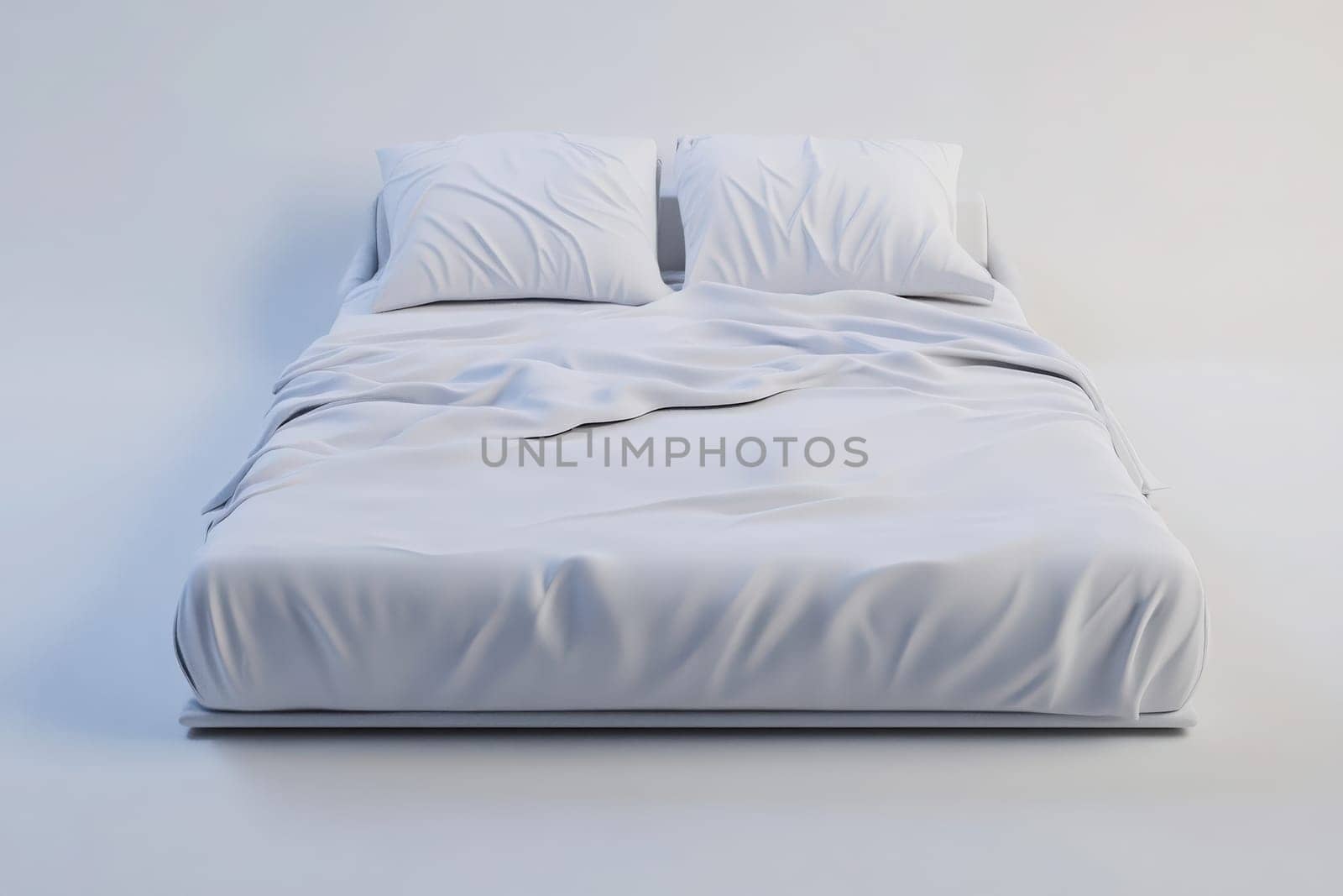 The bed features a clean, minimalist design with smooth, white linens and two fluffy pillows, creating a serene and inviting atmosphere perfect for relaxation and rest.