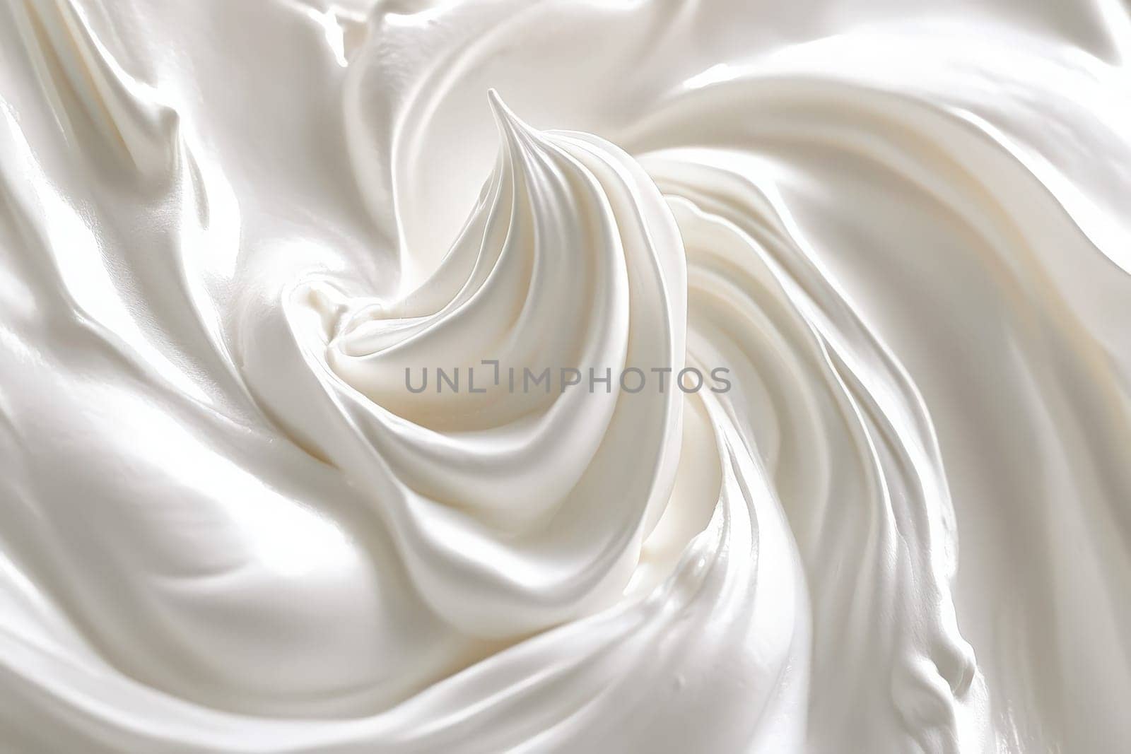 A smooth swirl of clean whipped cream showcases a minimalist design. The bright lighting highlights the creamy texture, creating an inviting and appetizing look perfect for desserts.