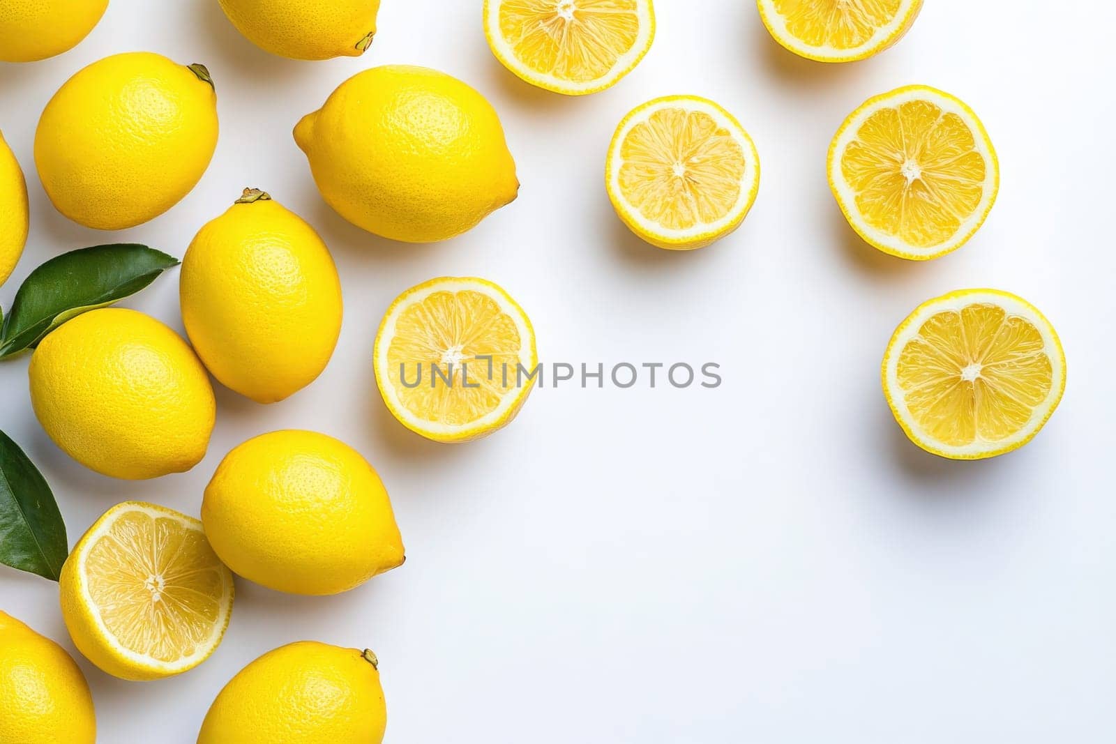 Bright and fresh citrus lemons are scattered across a pristine white background, highlighting their cheerful yellow hues and juicy interior. A simple yet appealing composition invites the viewer.