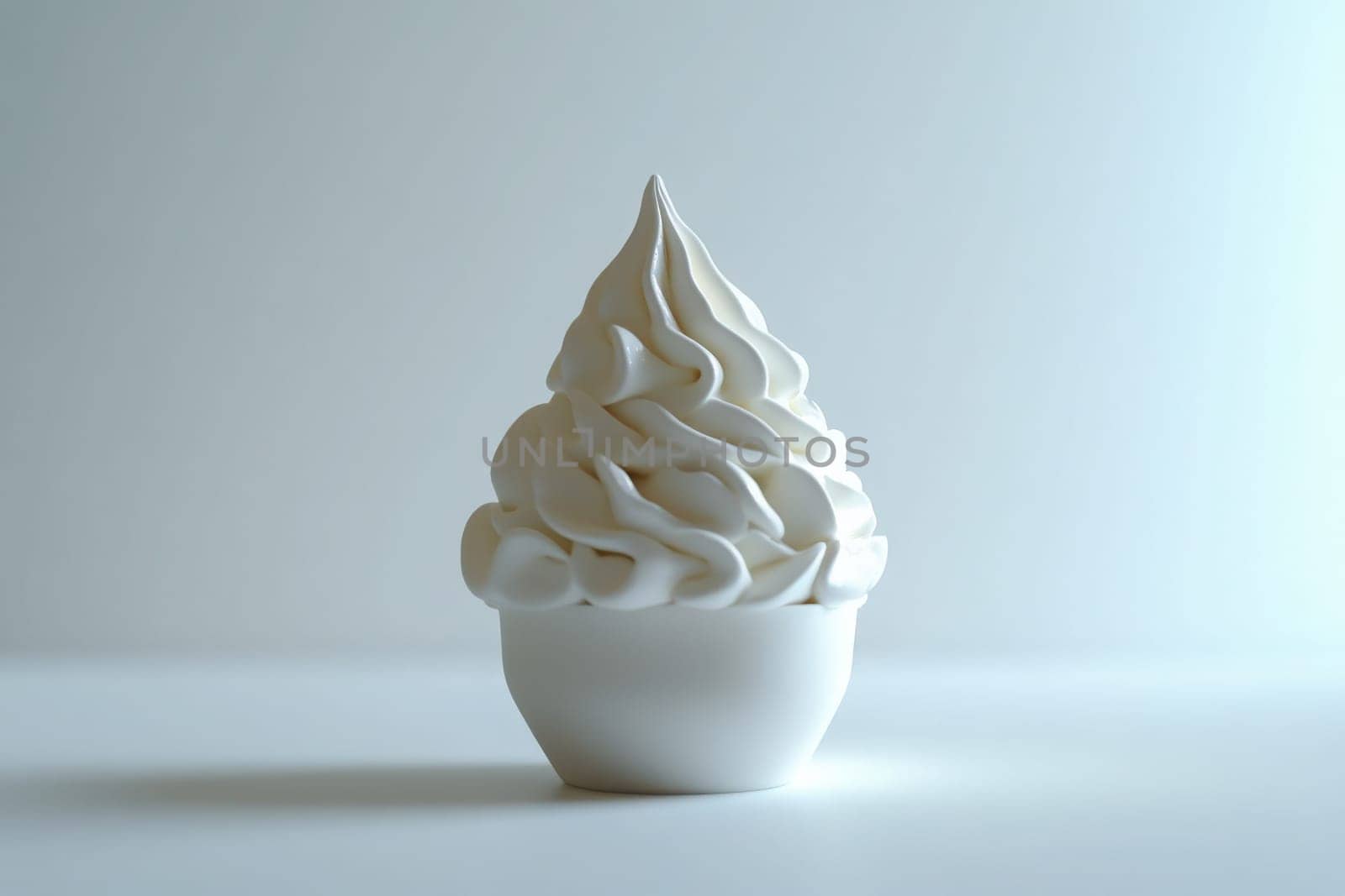 A beautifully crafted swirl of whipped cream sits in a small white cup, highlighting its smooth texture and minimalist design against a soft, neutral backdrop.