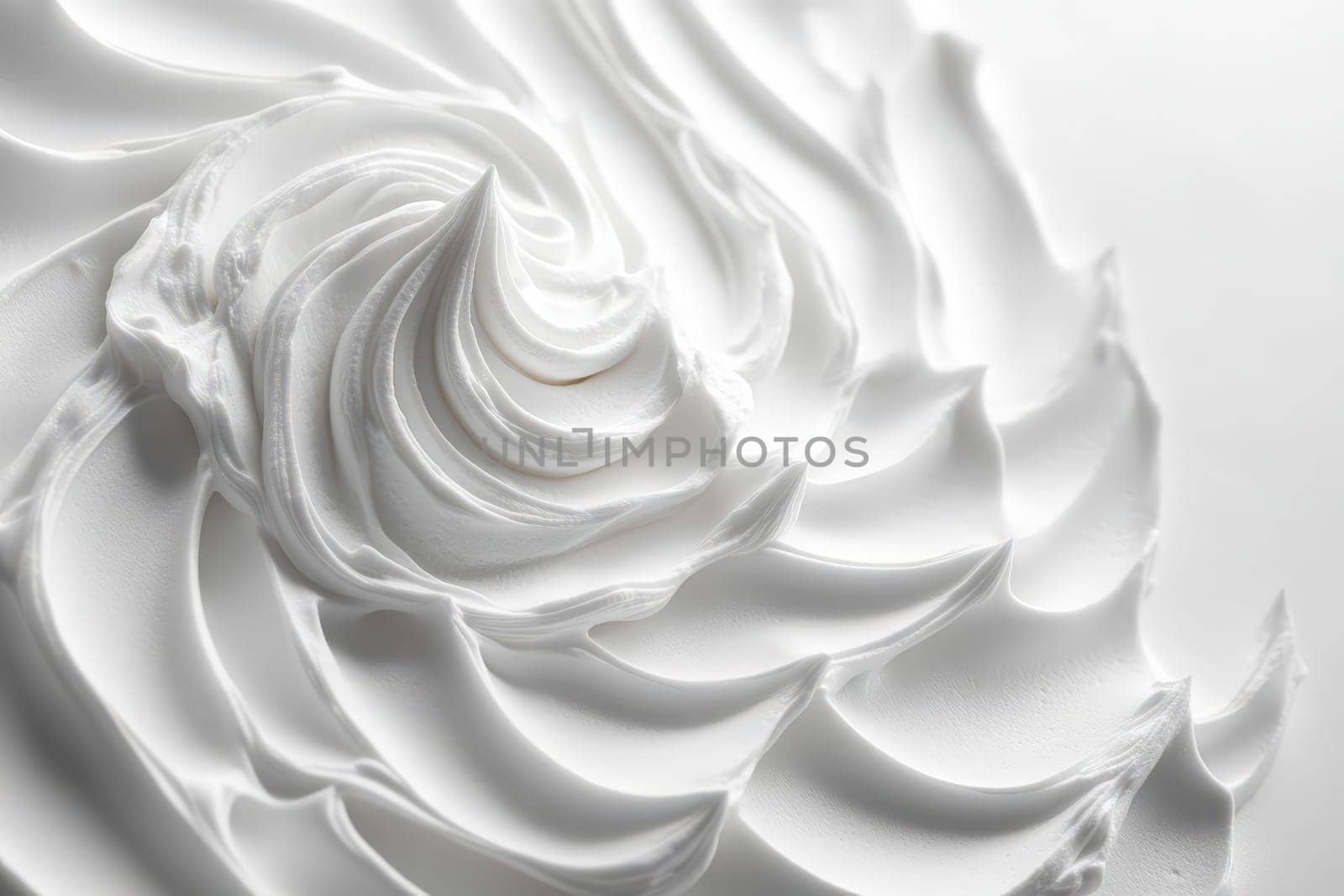 A beautifully crafted swirl of whipped cream sits on a plain white surface, showcasing its smooth texture and delicate design, illuminated by soft, natural light for an elegant presentation.