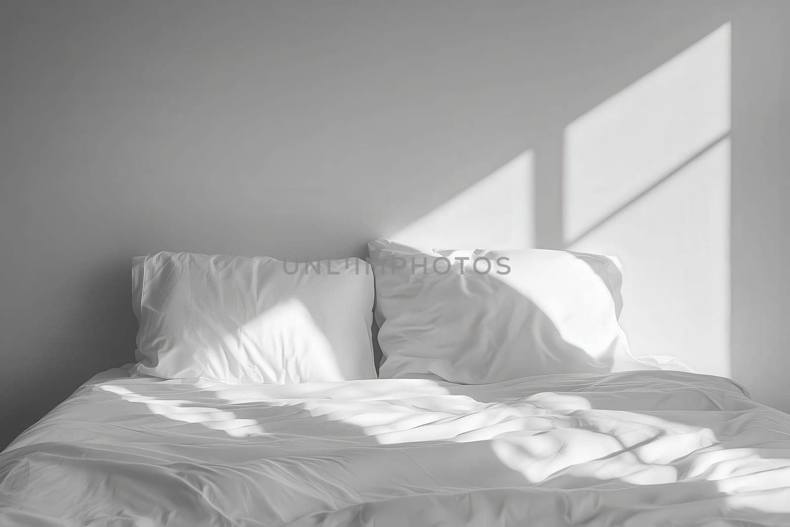 A pristine bed features crisp white linens and fluffy pillows, illuminated by gentle sunlight filtering through a window, creating a serene and inviting atmosphere in the room.