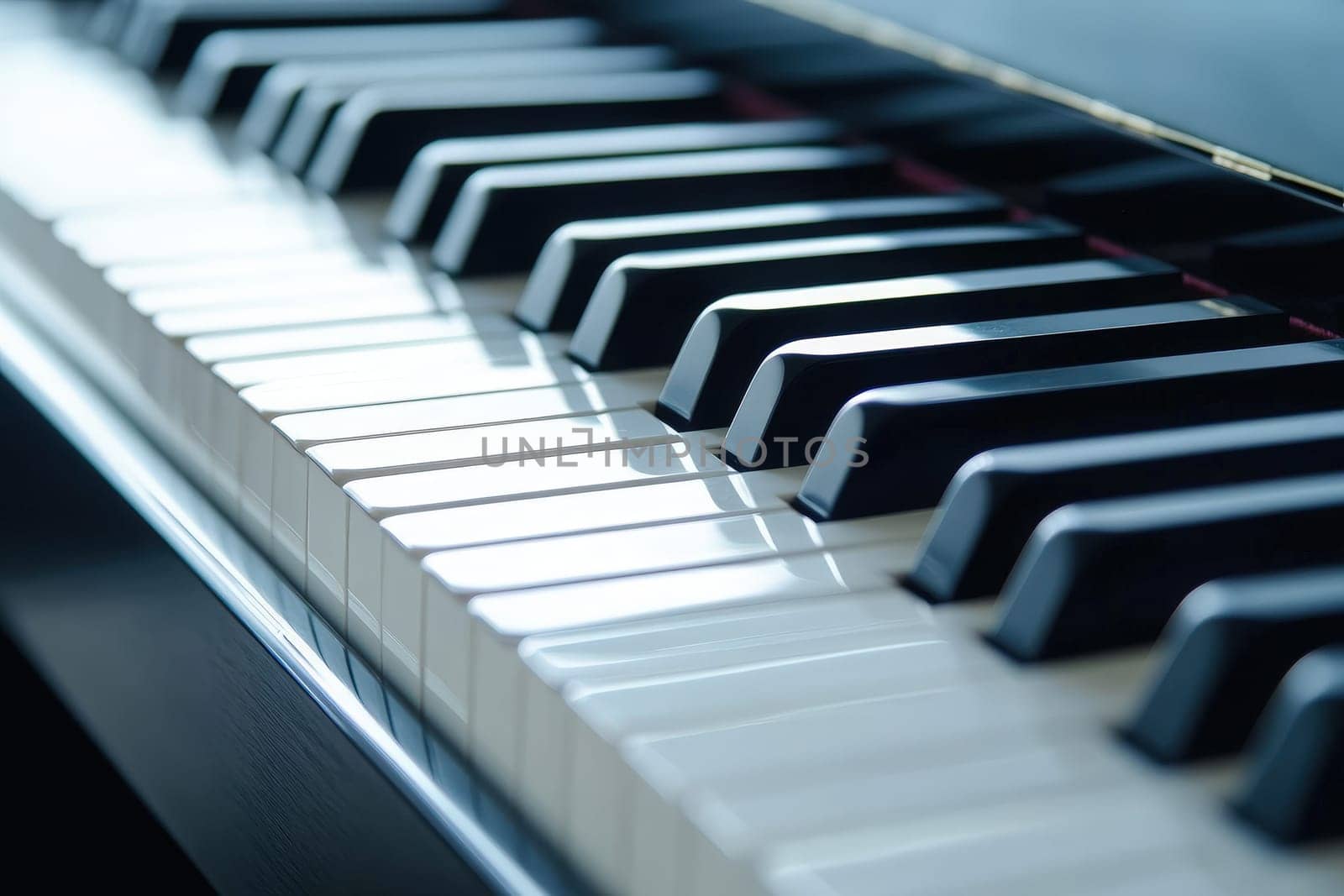 The polished piano keys glisten under the soft daylight, showcasing a close perspective of their classic black and white design, inviting touch and musical expression.