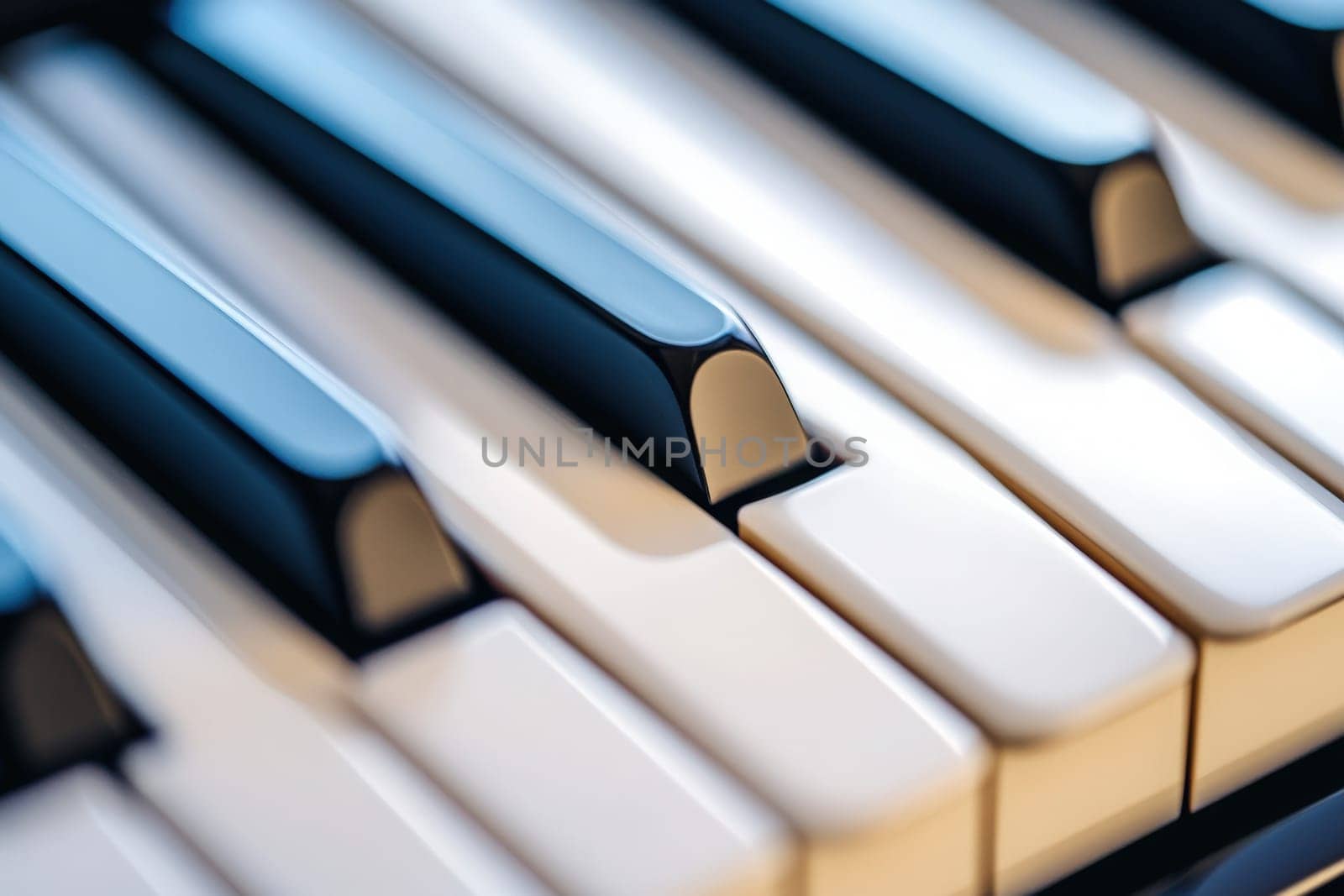 The intricate details of piano keys are captured in close proximity, showcasing their polished surface and vibrant contrast between black and white. The serene ambiance emphasizes their elegance.