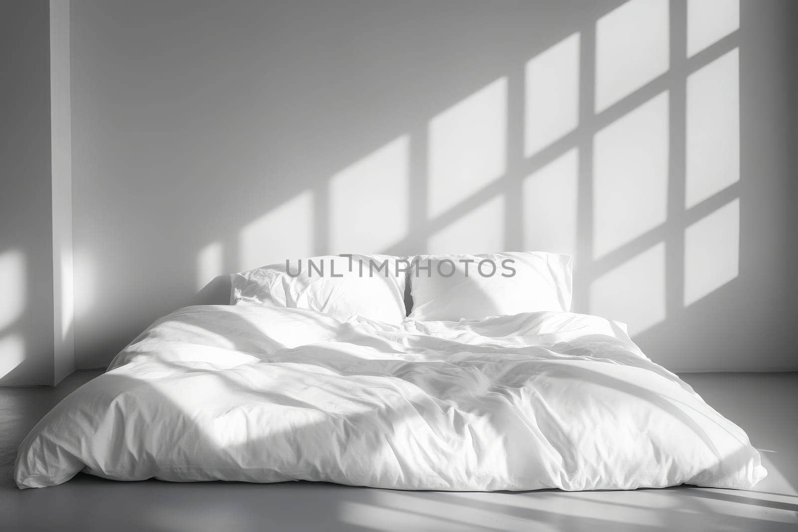 Sunlight streams through a window, creating a soft pattern of shadows over a neatly made white bed in a minimalist bedroom. The atmosphere is calm and inviting, encouraging relaxation.