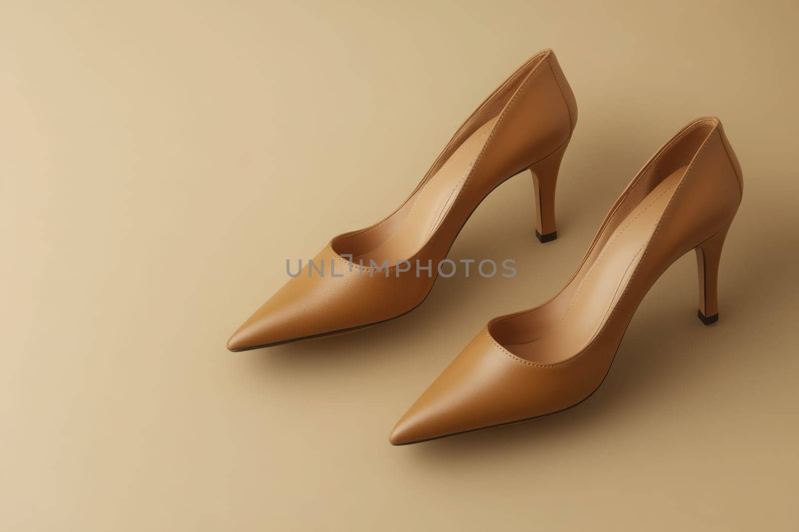 Classic pumps are presented on a smooth, clean solid surface, showcasing their sleek design and timeless elegance. The warm tone complements the heels, perfect for any fashion-forward occasion.