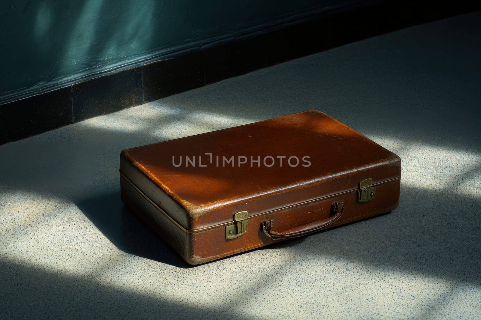 A closed suitcase sits on a polished floor, bathed in gentle sunlight filtering through a nearby window, creating a serene atmosphere in the quiet space.