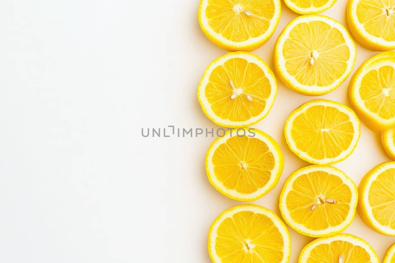 Bright yellow citrus lemons are neatly sliced and displayed against a solid white background, ideal for culinary presentations or refreshing recipes. Their vibrant color adds a cheerful touch.