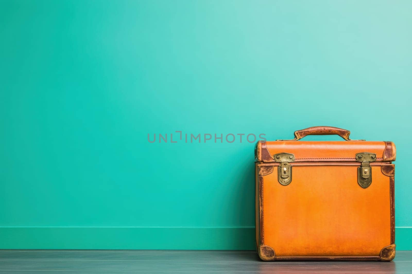 An orange suitcase sits closed on a well-maintained solid floor. The vibrant turquoise wall behind it adds a colorful backdrop, creating a stylish and organized appearance.