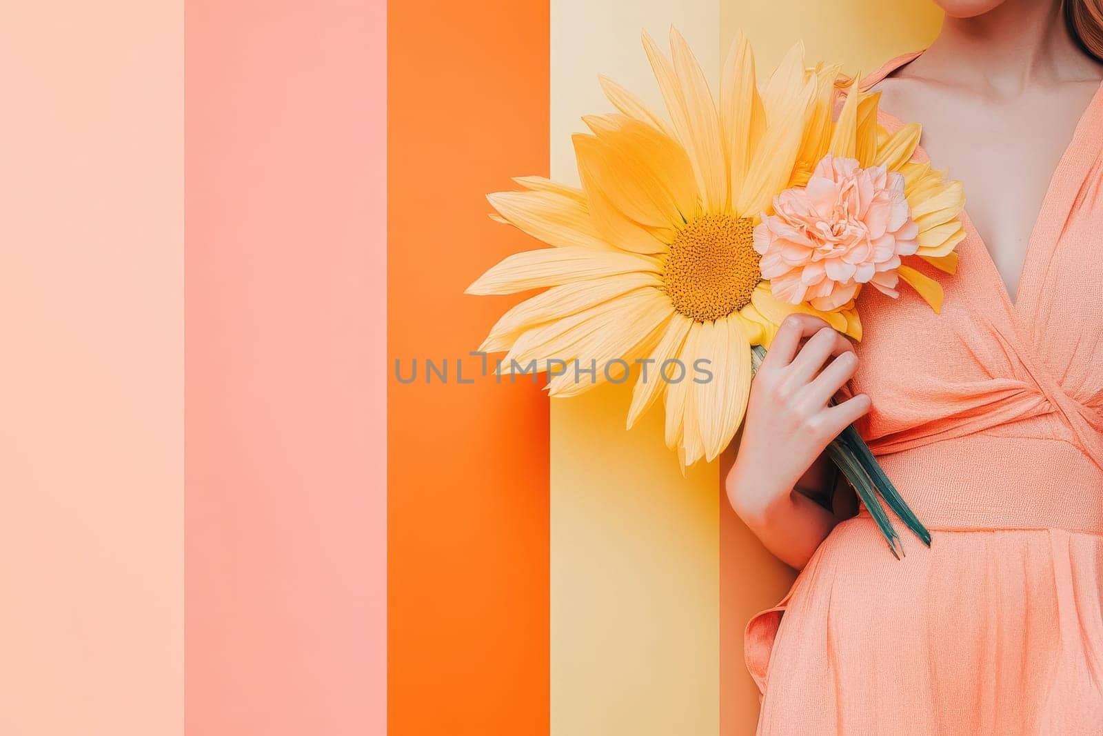 Wearing a flowing peach-colored dress, a woman holds a bouquet of bright flowers, standing in front of a lively striped wall. The soft sunlight enhances the cheerful colors, creating a warm ambiance.
