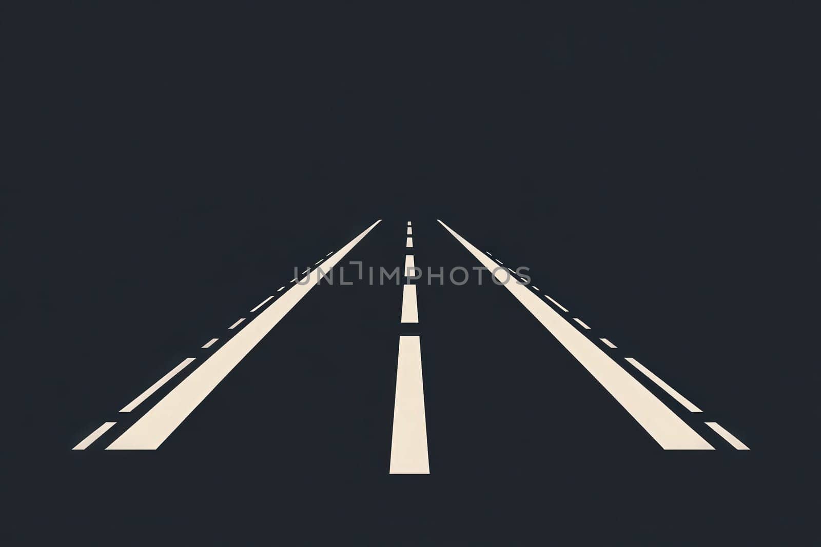 A minimalist design featuring a clean road with white markings extending towards a distant horizon. The contrast between the dark background and the road creates a striking visual effect.