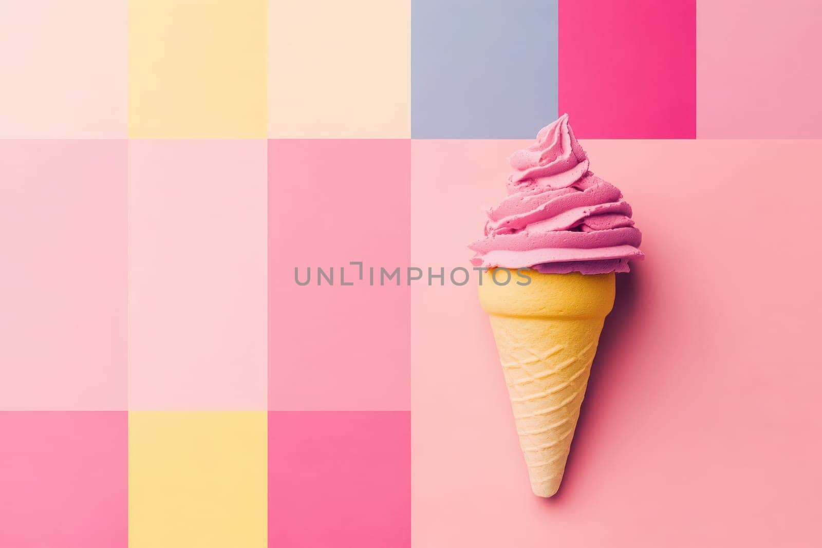 An ice cream cone sits on a vibrant pastel background featuring squares of pink, yellow, and blue hues. The soft-serve ice cream swirls invitingly, reflecting warmth and sweetness.