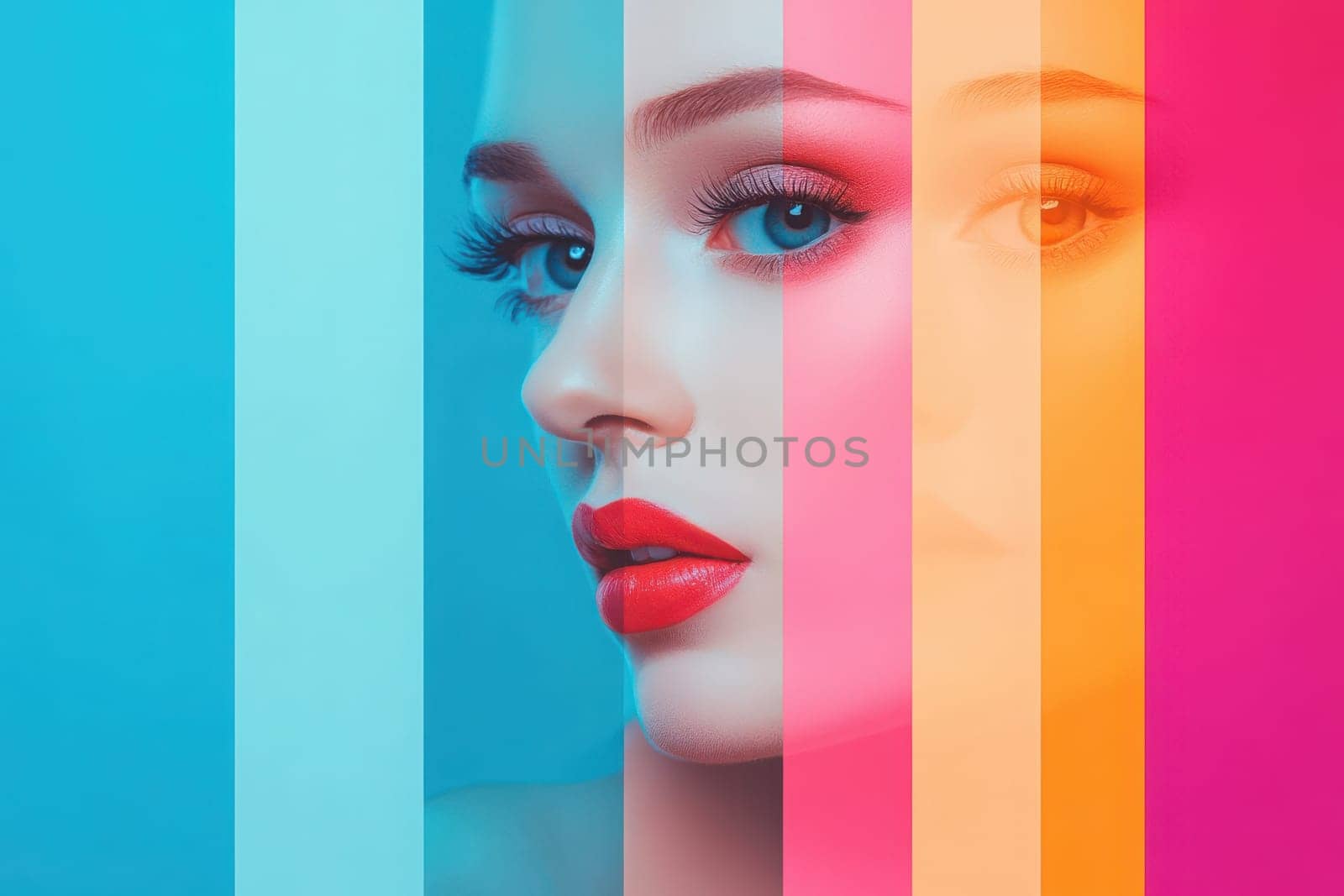 A fashion model poses elegantly against a backdrop of colorful vertical stripes, highlighting a clean and minimalist aesthetic. The vibrant colors enhance her striking features and makeup.