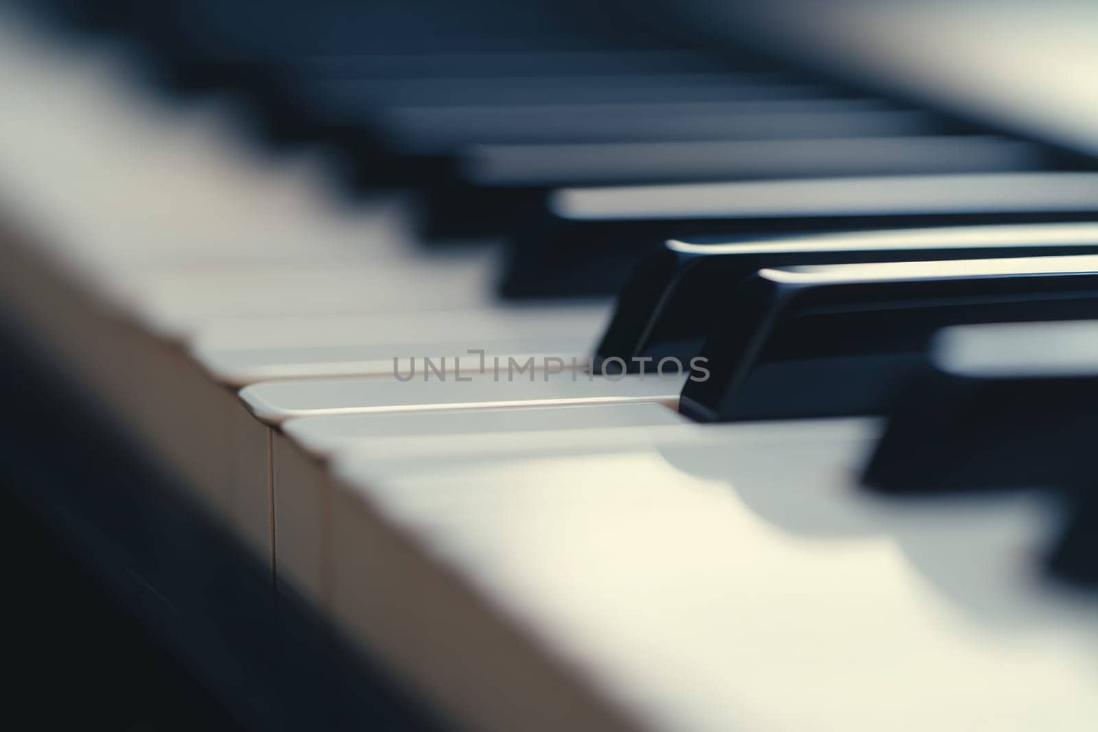 A close-up view of piano keys showcases the elegant stark contrast between black and white keys. The smooth, clean surface highlights the artistry of the piano, inviting a touch of musical grace.