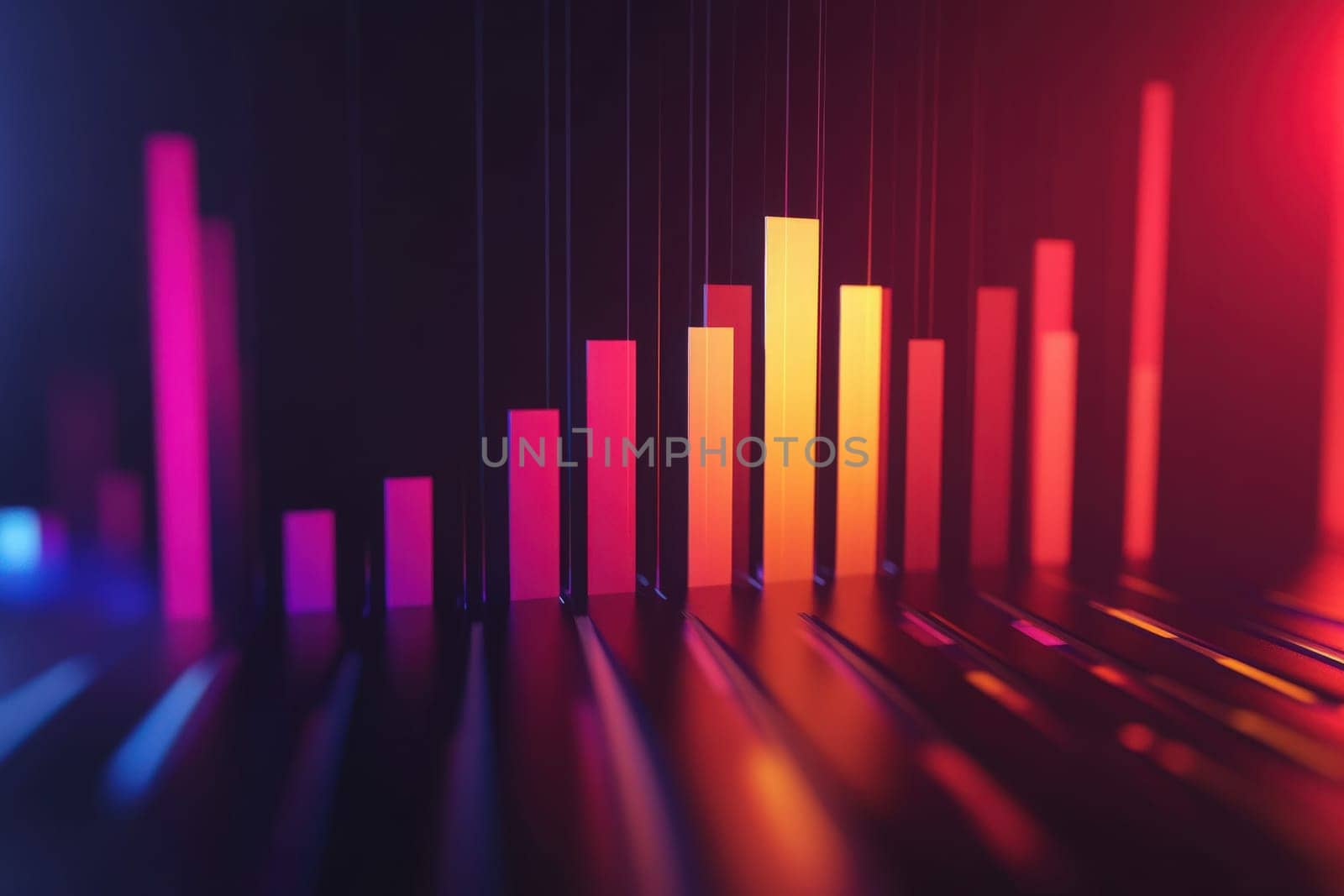 The visual depicts a financial bar chart in a minimalist style, showcasing a decline with bars in gradient hues, creating a striking contrast against a dark background.