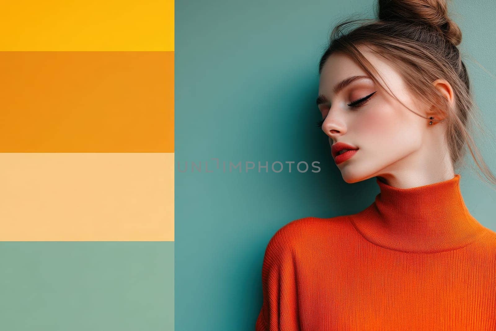 A young woman poses gracefully in a stylish orange turtleneck, showcasing a serene expression against a teal wall. The color palette complements her minimalist fashion sense beautifully.