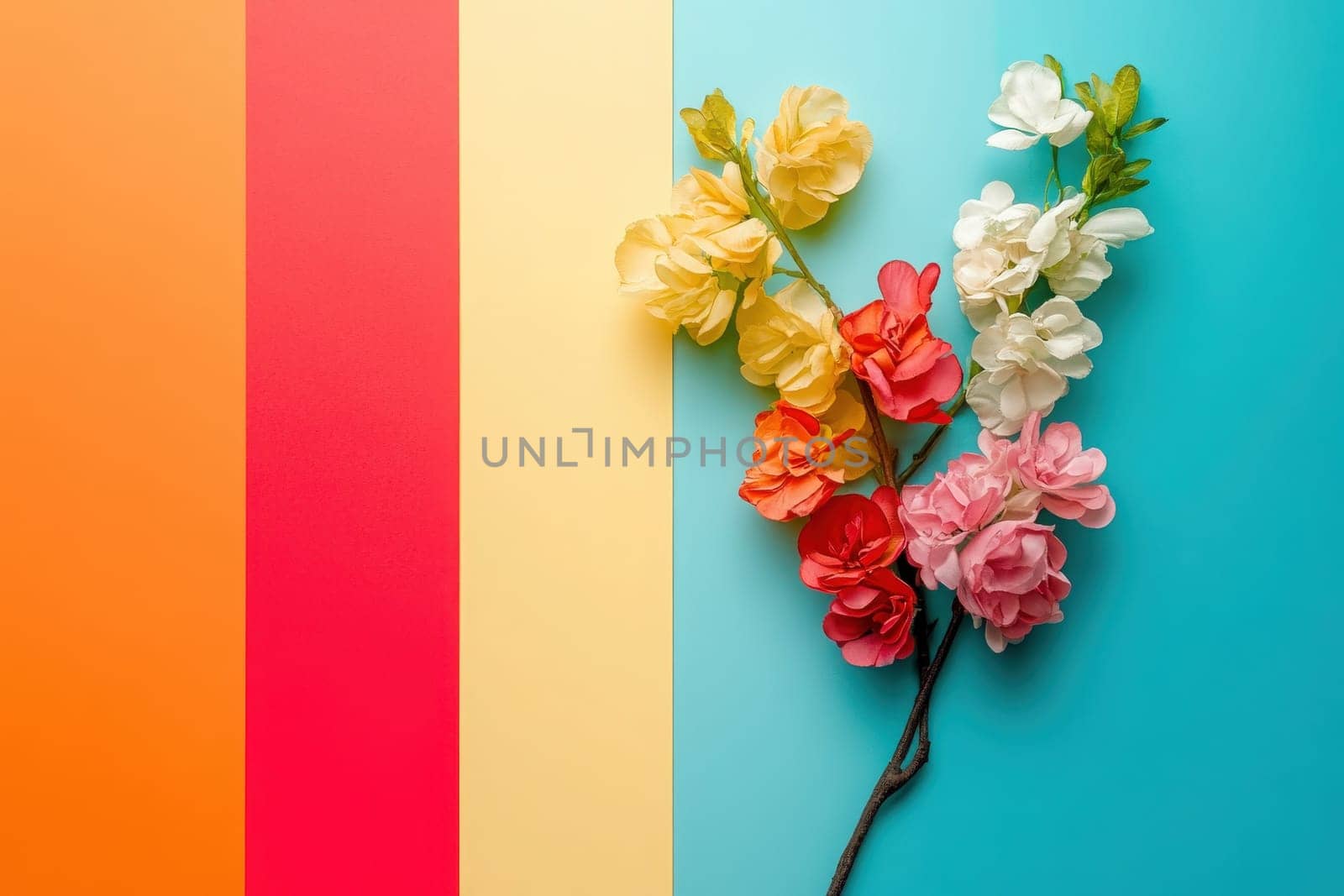Brightly colored flowers in shades of pink, yellow, and white are artistically arranged on a clean, minimalist background featuring bold, vibrant stripes in orange, red, yellow, and blue.