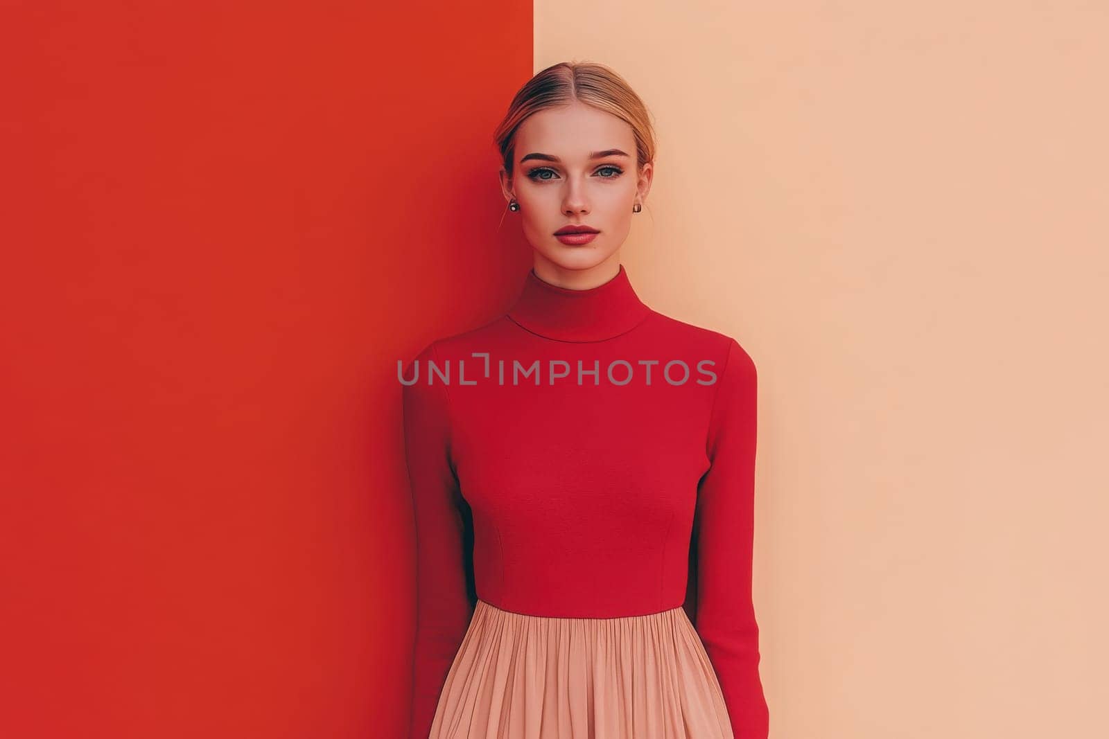 A woman stands confidently against a striking two-tone backdrop featuring red and soft beige. She wears a fitted red turtleneck and a flowing neutral skirt, embodying a clean and modern style.