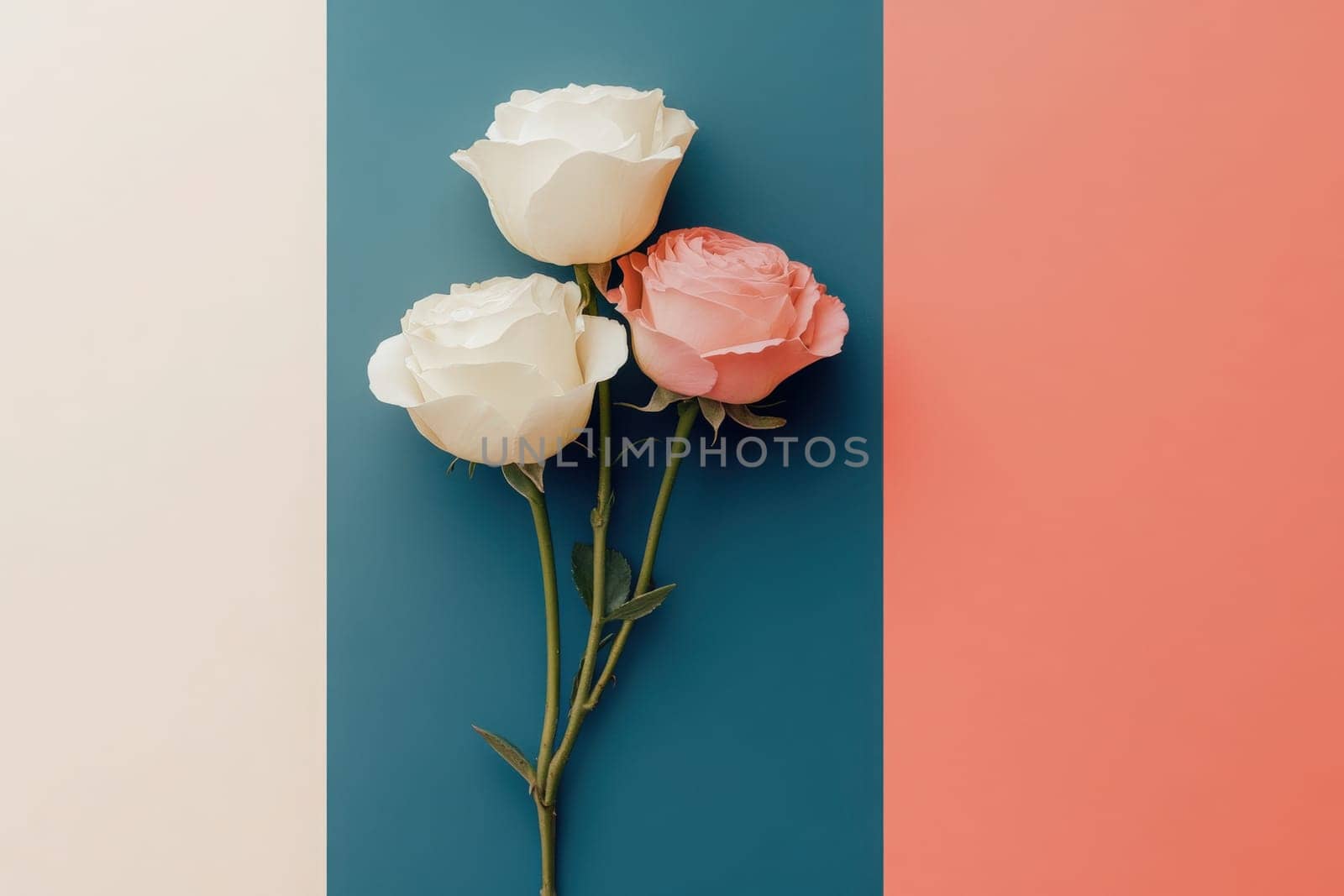 A delicate arrangement of three roses, one white and two pink, placed on a striking background with contrasting color blocks, showcasing clean lines and a minimalist aesthetic.