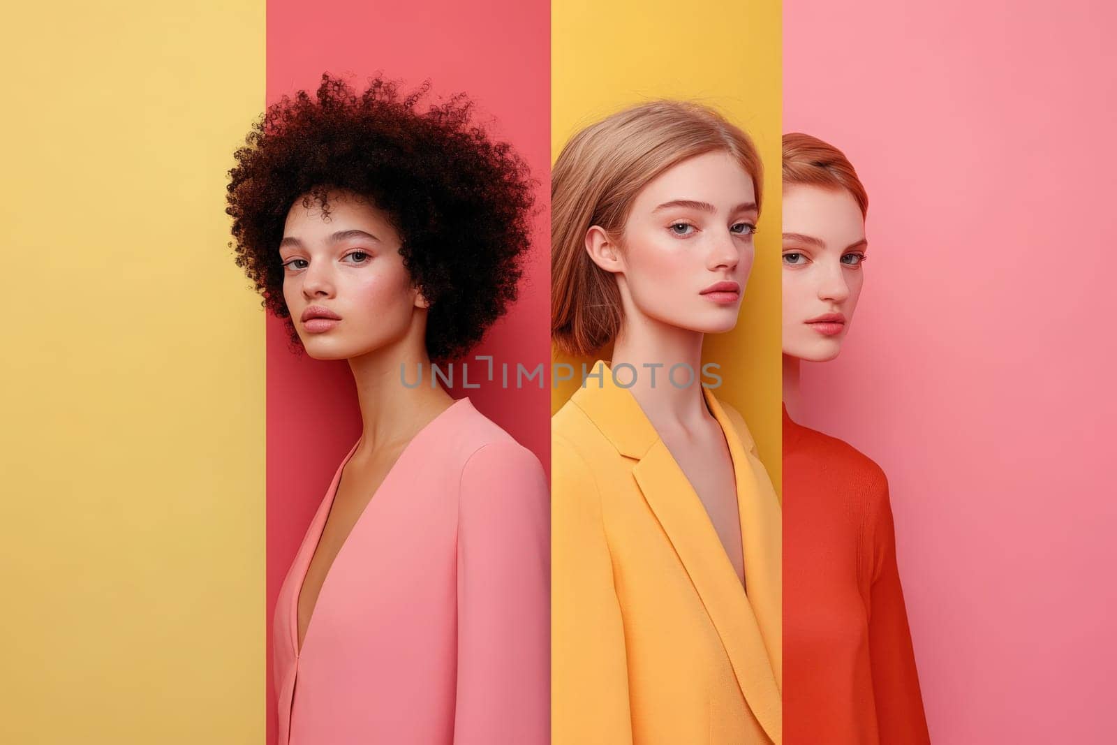 Three women pose beautifully, each wearing sleek outfits in different colors. The vibrant backdrop features bold yellow and pink hues, enhancing the clean and minimalist aesthetic of their looks.