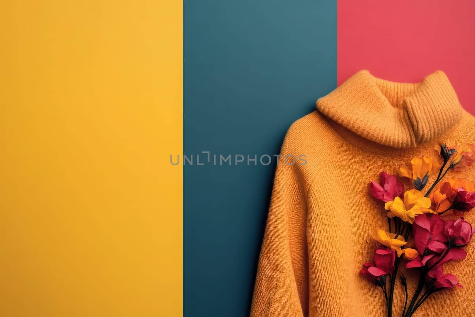 A stylish yellow sweater is gracefully placed against a clean, geometric backdrop of blue and red. A cluster of colorful flowers rests gently on its collar, enhancing the minimalist aesthetic.