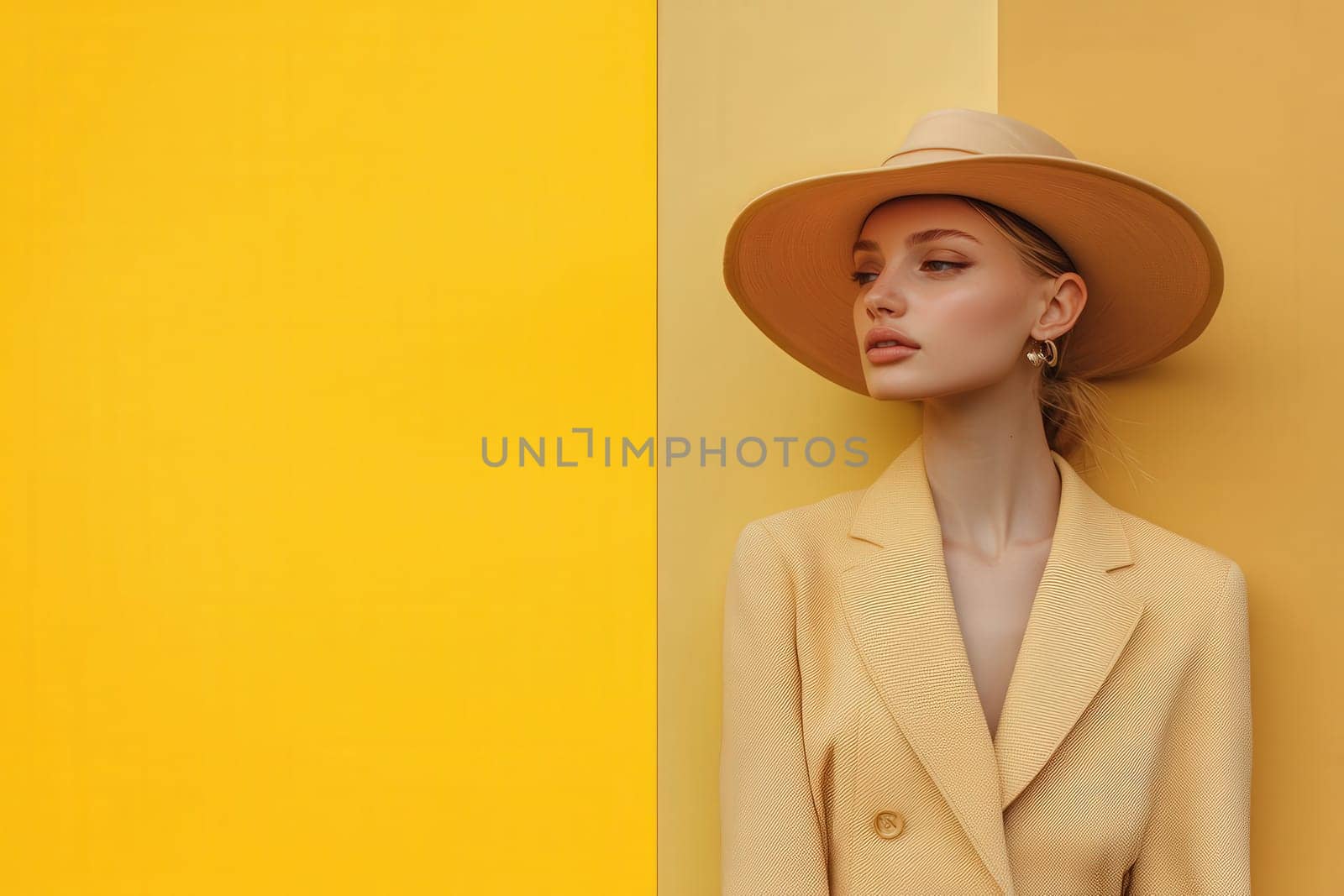 A stylish woman poses in a tailored yellow suit and wide-brimmed hat, leaning against a bright yellow wall. The minimalist backdrop emphasizes her elegant fashion choice and confident demeanor.