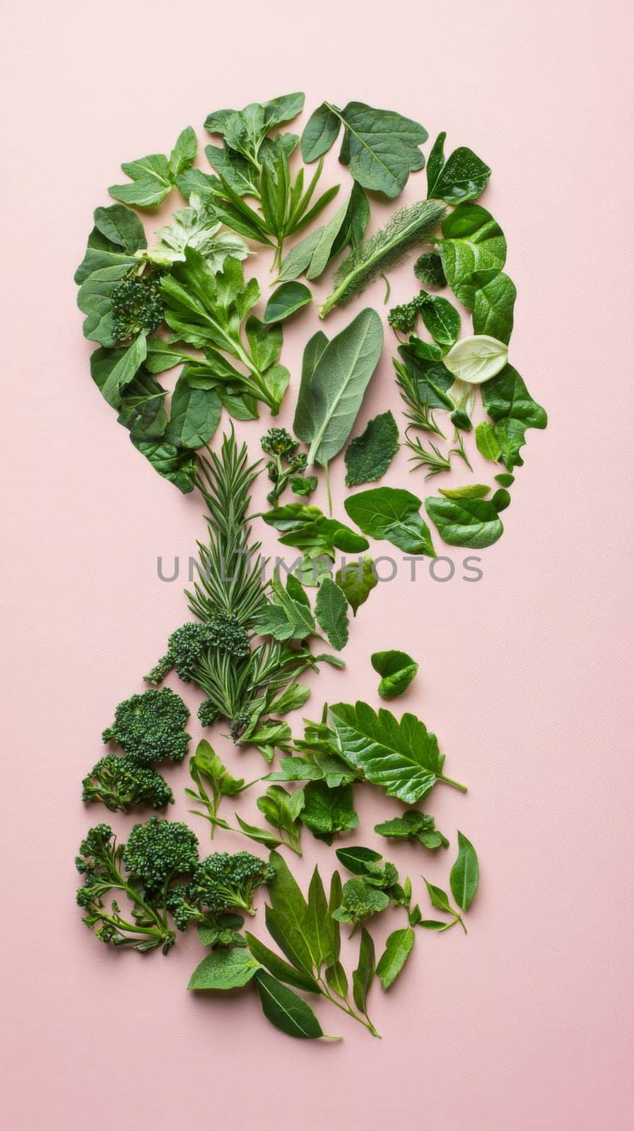 Silhouette of human head made from green leaves on light background, AI generated