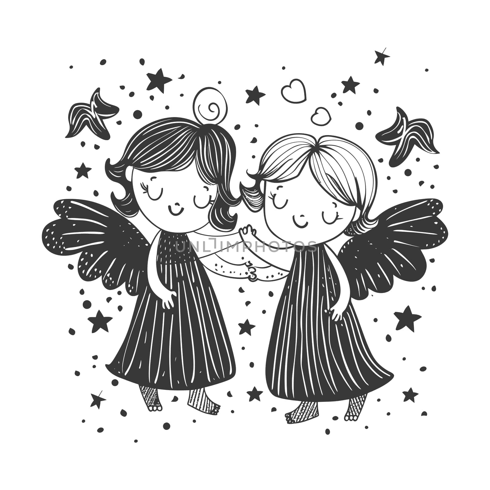 Two Smiling Angels with Wings Holding Hands Surrounded by Stars and Hearts