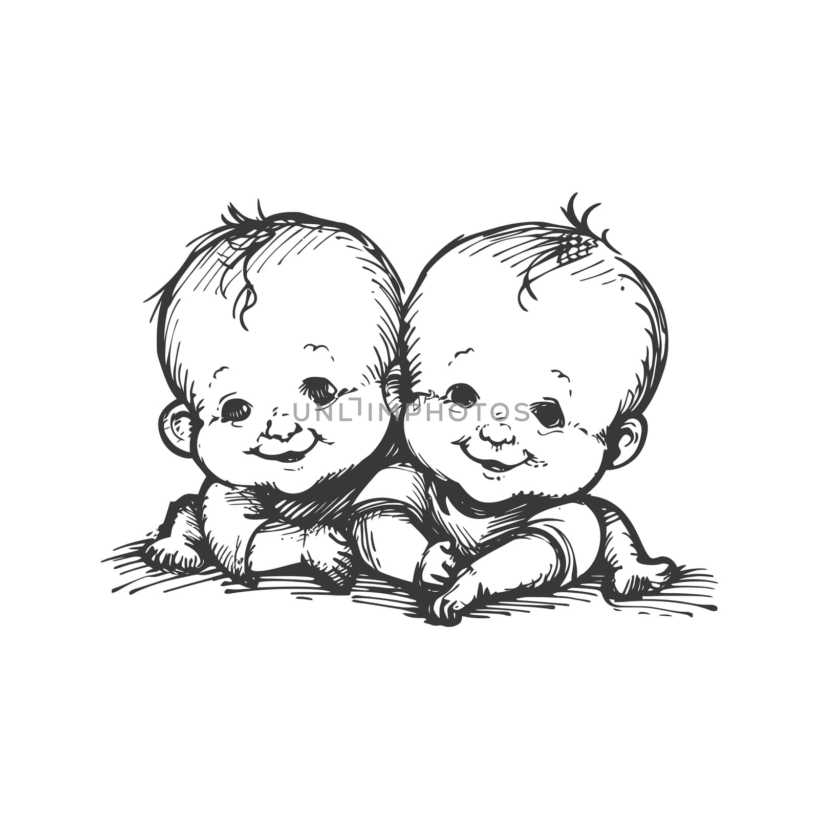 Two Smiling Babies Hugging Each Other in a Black and White Sketch