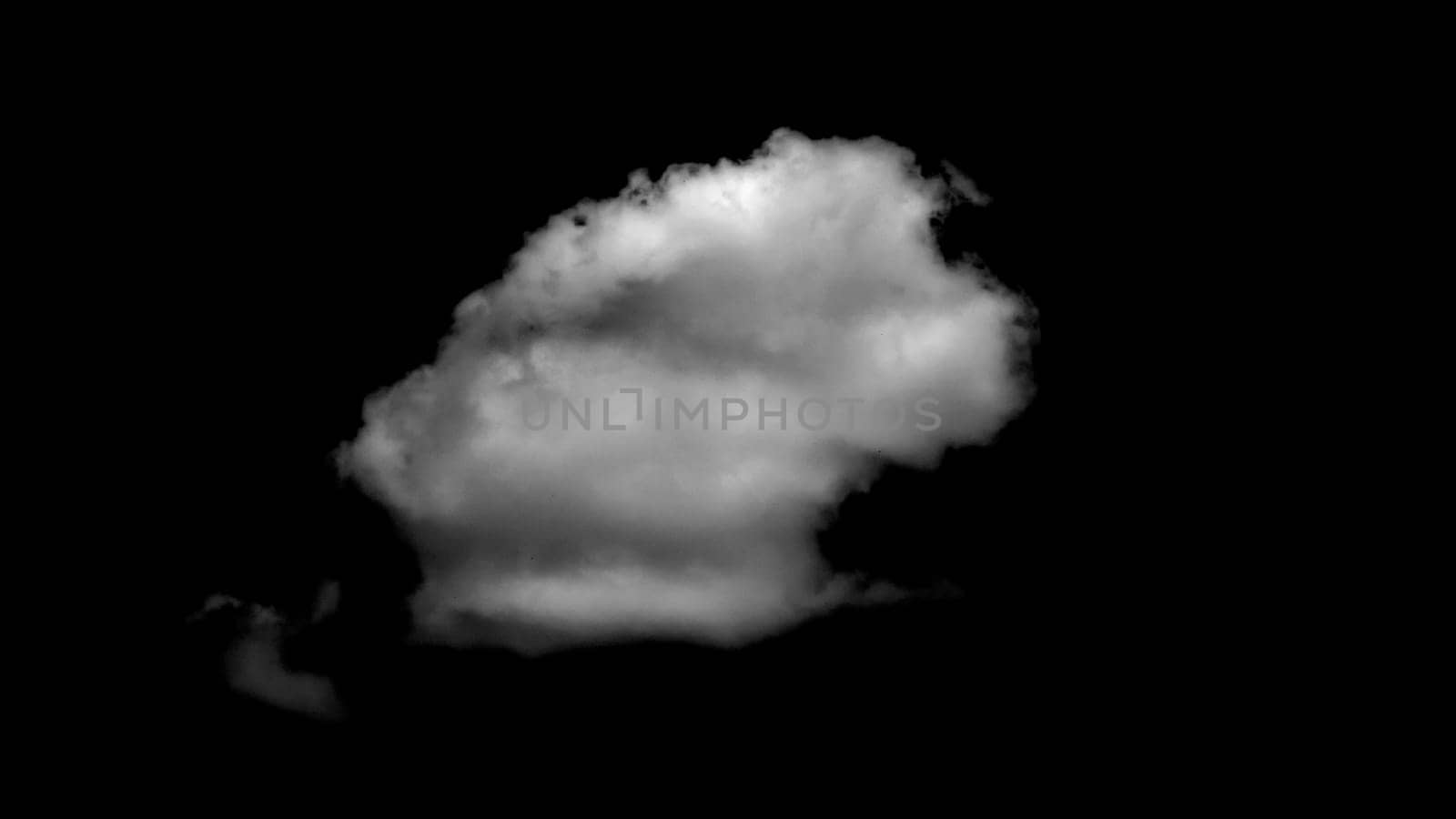 White fluffy cumulus cloud isolated cut out on black background, Real cloud photo, white cloud isolated on a black background, Separate white clouds on a black background have real clouds.