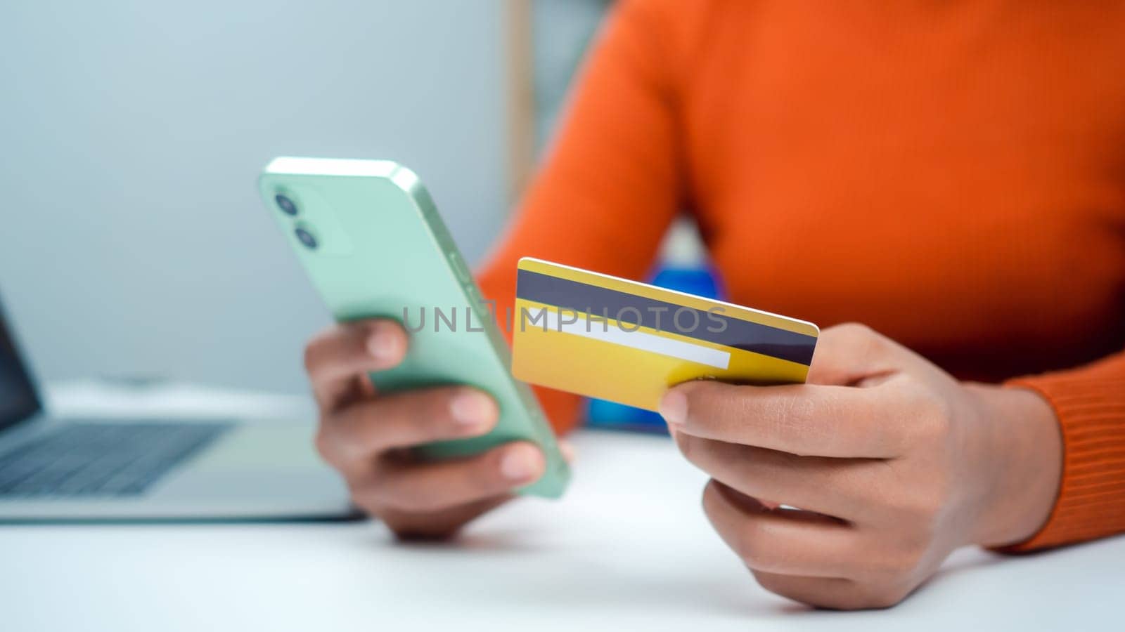 Online banking transaction concept, Woman with credit card using smart phone and shopping online, Ecommerce and secure mobile banking concept, Making online payments.