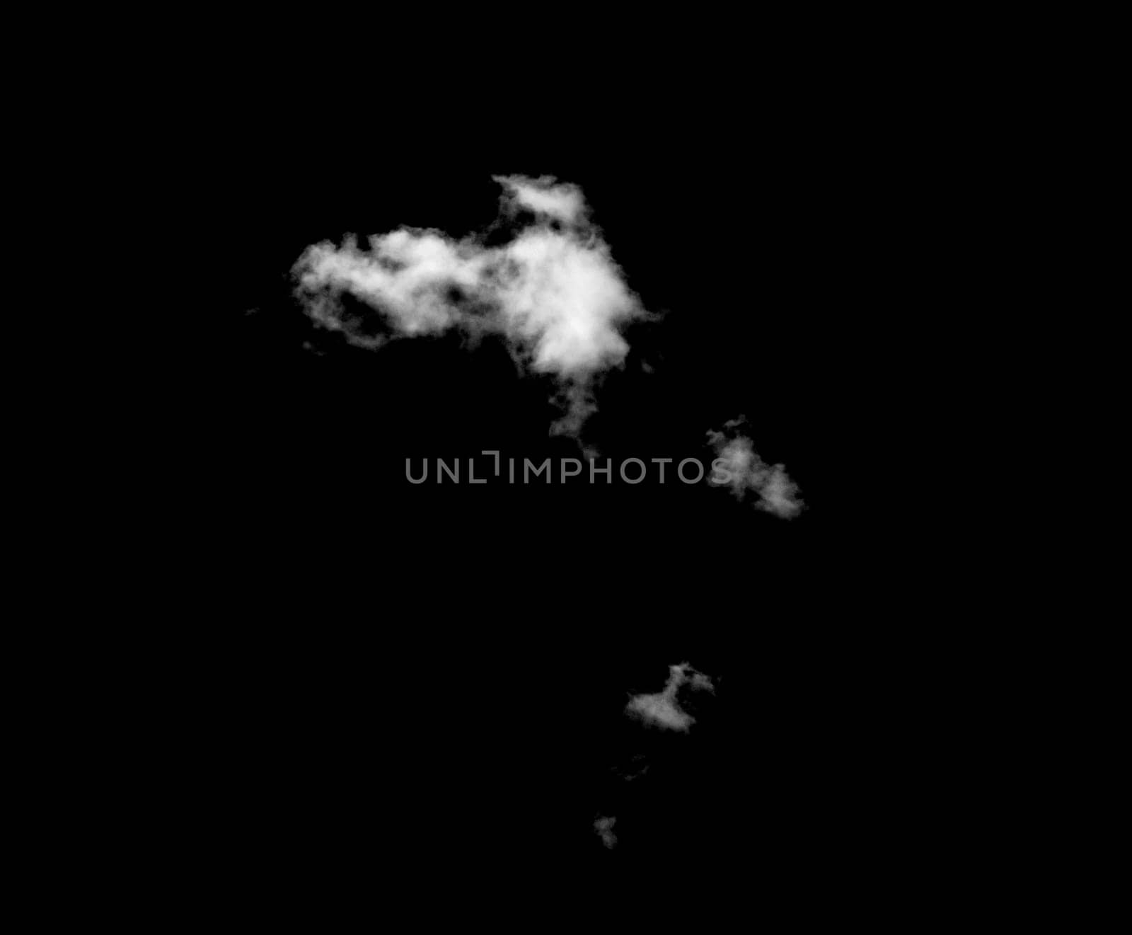 White cloud isolated on a black background, Real cloud photo, Separate white clouds on a black background have real clouds, White fluffy cumulus cloud isolated cut out on black background.