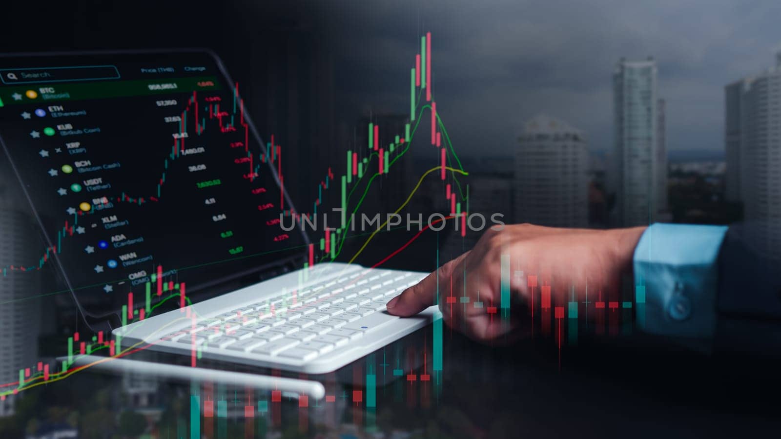 Investors use laptops to analyze stock market, investment strategies. and business growth analysis, investing in companies with long-term competitive advantages, Broker use tablet analysing trading.
