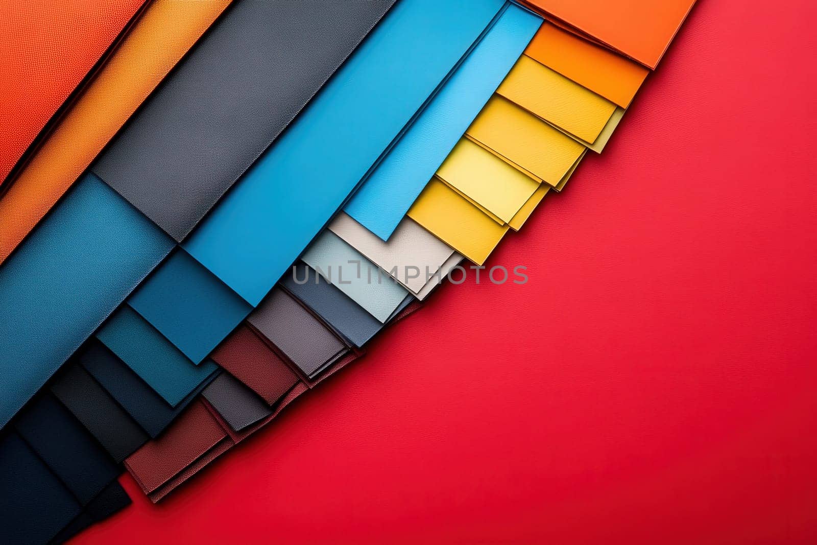 A range of fabric swatches in various colors showcases a clean, minimalist design, arranged neatly against a striking red background, highlighting their textures and hues.