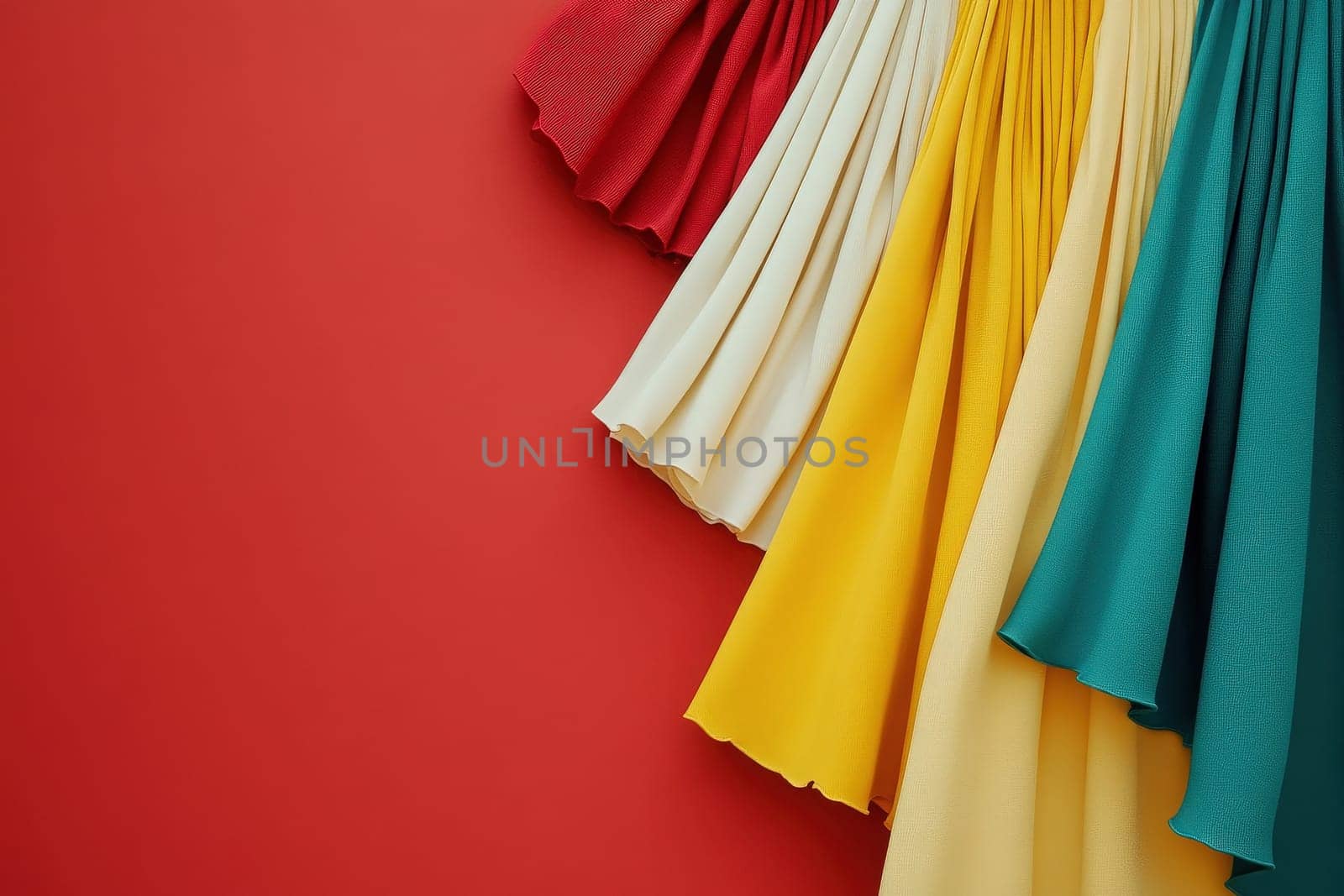 Several stylish skirts in varying colors hang against a bright red wall, showcasing a clean, minimalist aesthetic. The arrangement highlights the smooth textures and unique pleats of each garment.