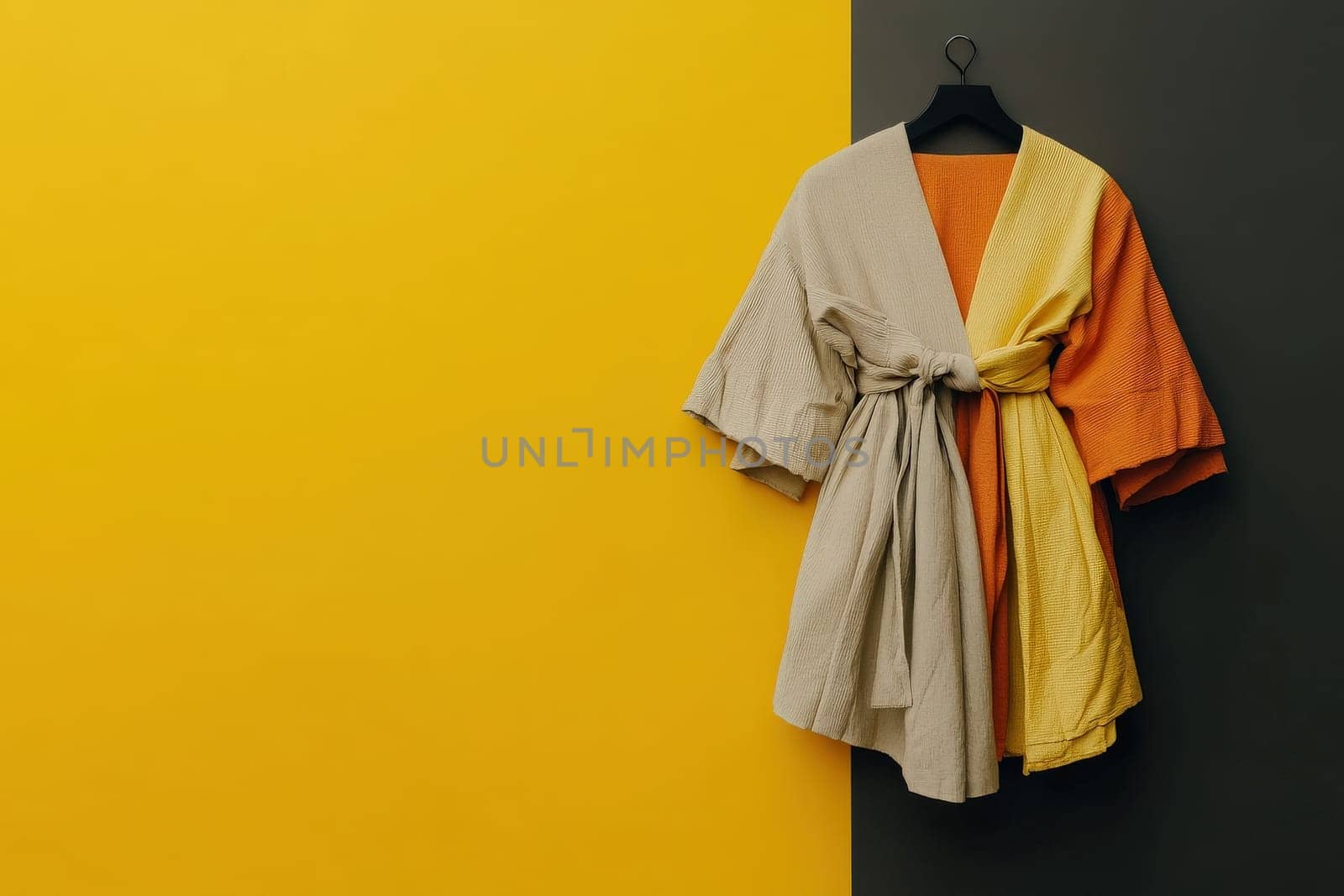 A stylish garment hangs gracefully on a hanger, showcasing a unique blend of vibrant colors against a minimalist, two-tone wall. This fashion piece highlights simplicity and elegance.