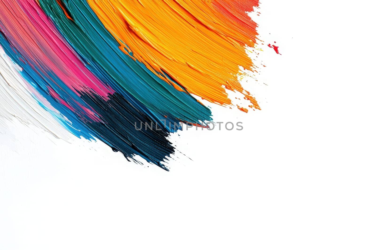 Colorful paint streaks create a lively and artistic display on a pristine white surface, showcasing the beauty of creativity and artistry. The vibrant hues contrast sharply, enhancing visual appeal.