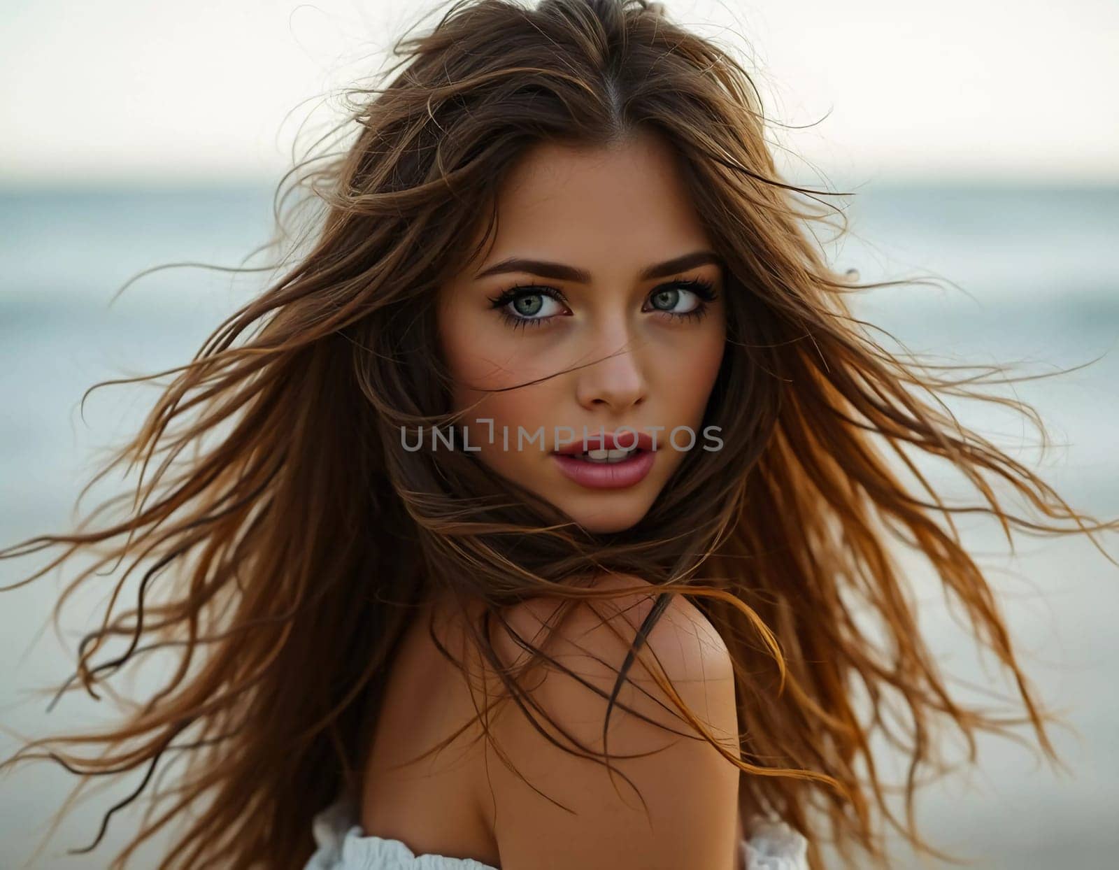 A brunette woman in a swimsuit gazes back while standing near the shoreline. Gentle sea waves lap at her feet under a clear blue sky. Long hair, beautiful young face. Travel and clothing adverts. AI.