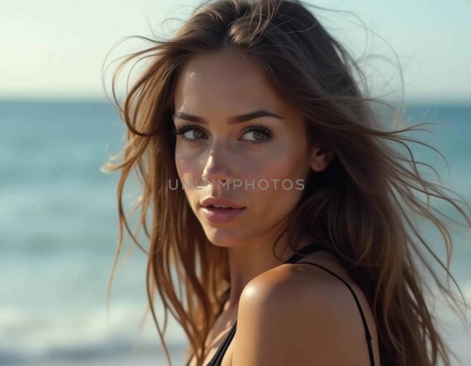 A brunette woman in a swimsuit gazes back while standing near the shoreline. Gentle sea waves lap at her feet under a clear blue sky. Long hair, beautiful young face. Travel and clothing adverts. AI.