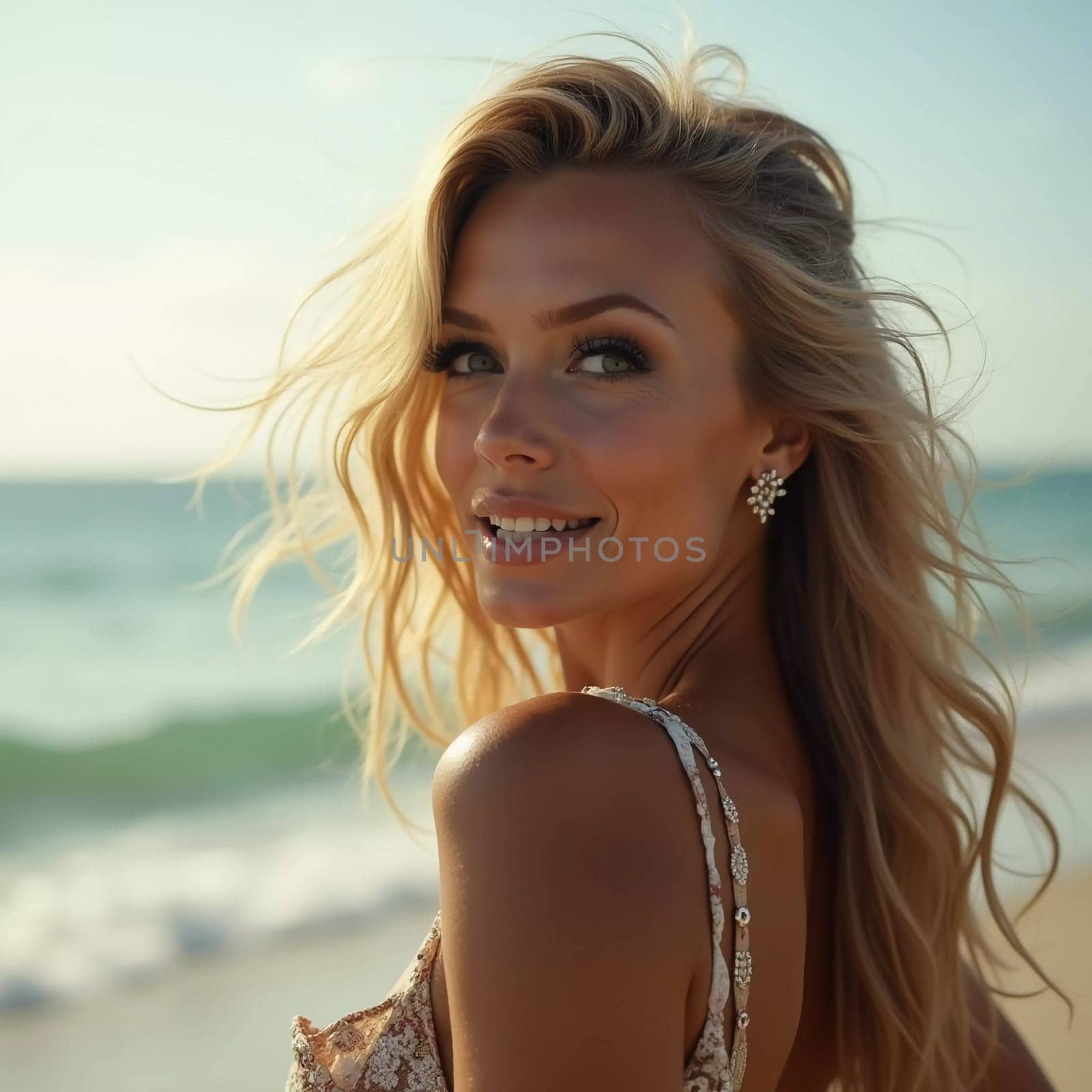 A blonde woman in a swimsuit gazes back while standing near the shoreline. Gentle sea waves lap at her feet under a clear blue sky. Long hair, beautiful young face. Travel and clothing adverts. AI.