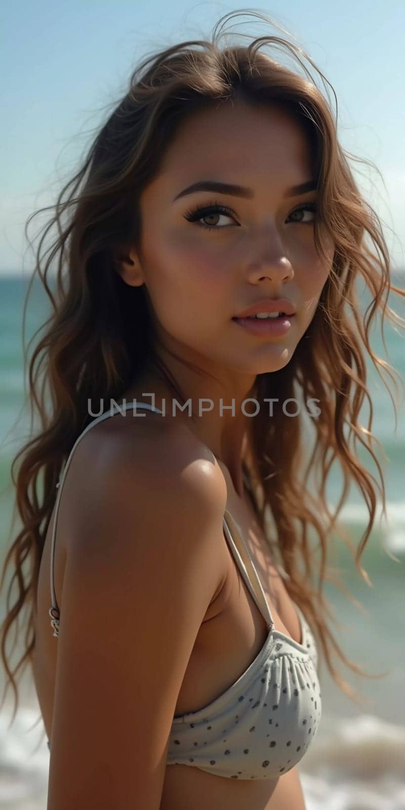 A brunette woman in a swimsuit gazes back while standing near the shoreline. Gentle sea waves lap at her feet under a clear blue sky. Long hair, beautiful young face. Travel and clothing adverts. AI.