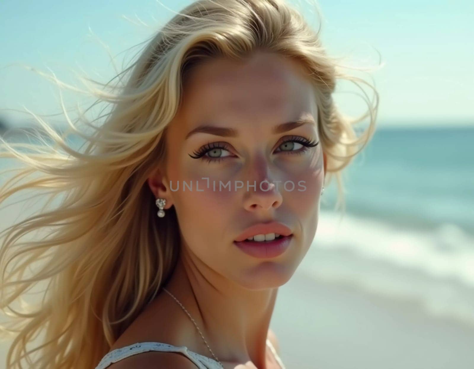 Blonde woman stands by ocean or sea, enjoying sun and surf while wearing a stylish swimsuit, highlighting relaxed beach atmosphere. Beautiful young face. Advertisement for clothes or beach travel. AI.