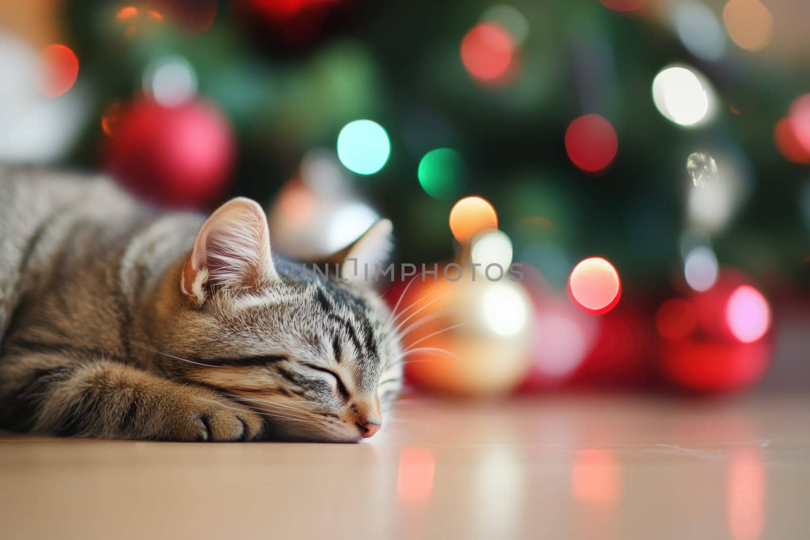 A cozy cat sleeps blissfully on the floor beside a beautifully decorated Christmas tree filled with colorful ornaments.
