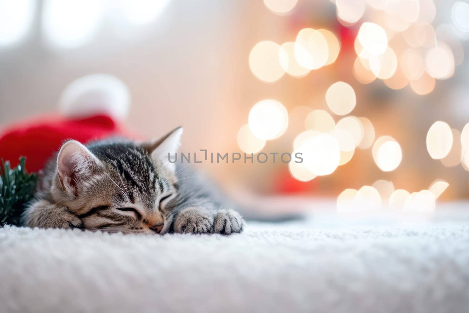 A cozy kitten sleeps soundly on a soft surface with a festive background of twinkling Christmas lights creating a warm atmosphere.