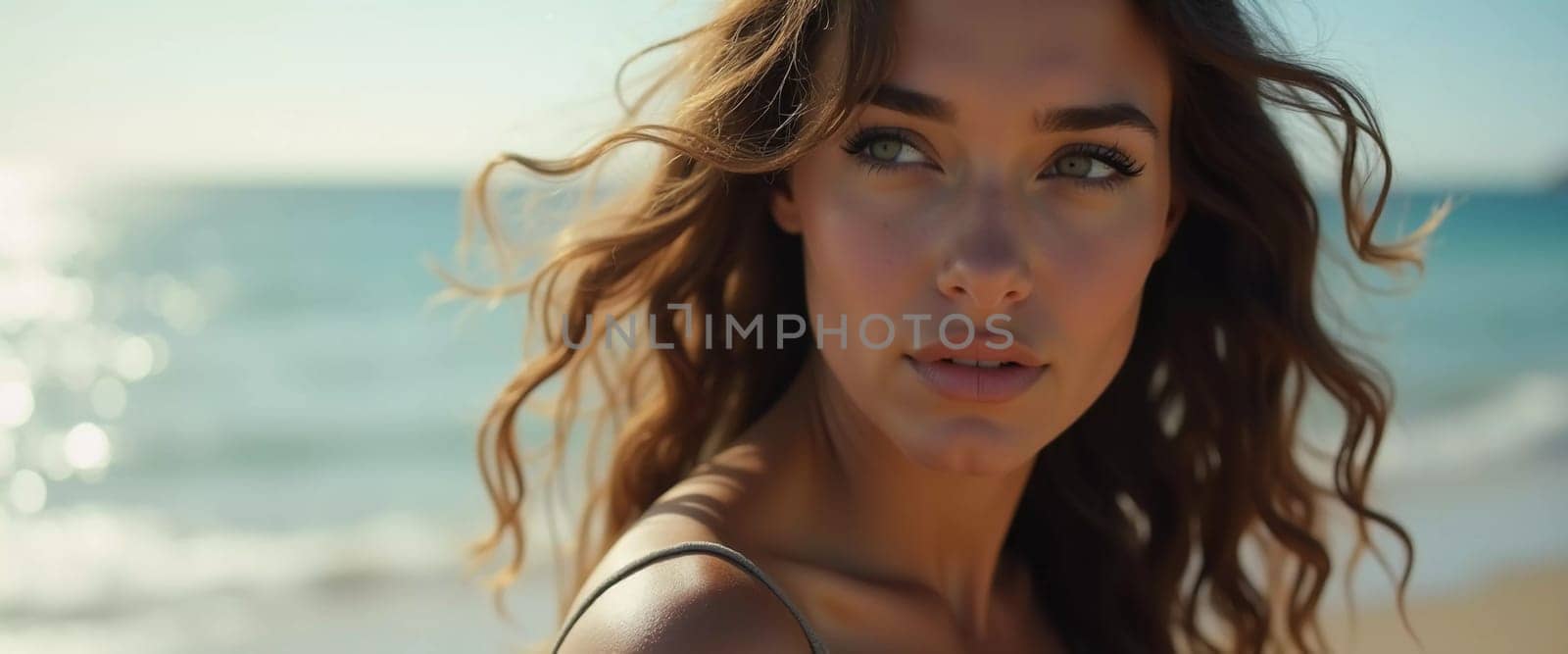 Brunette woman stands by ocean or sea, enjoying sun and surf while wearing a stylish swimsuit, highlighting relaxed beach atmosphere. Beautiful young face. Advertisement for travel or clothes. AI.