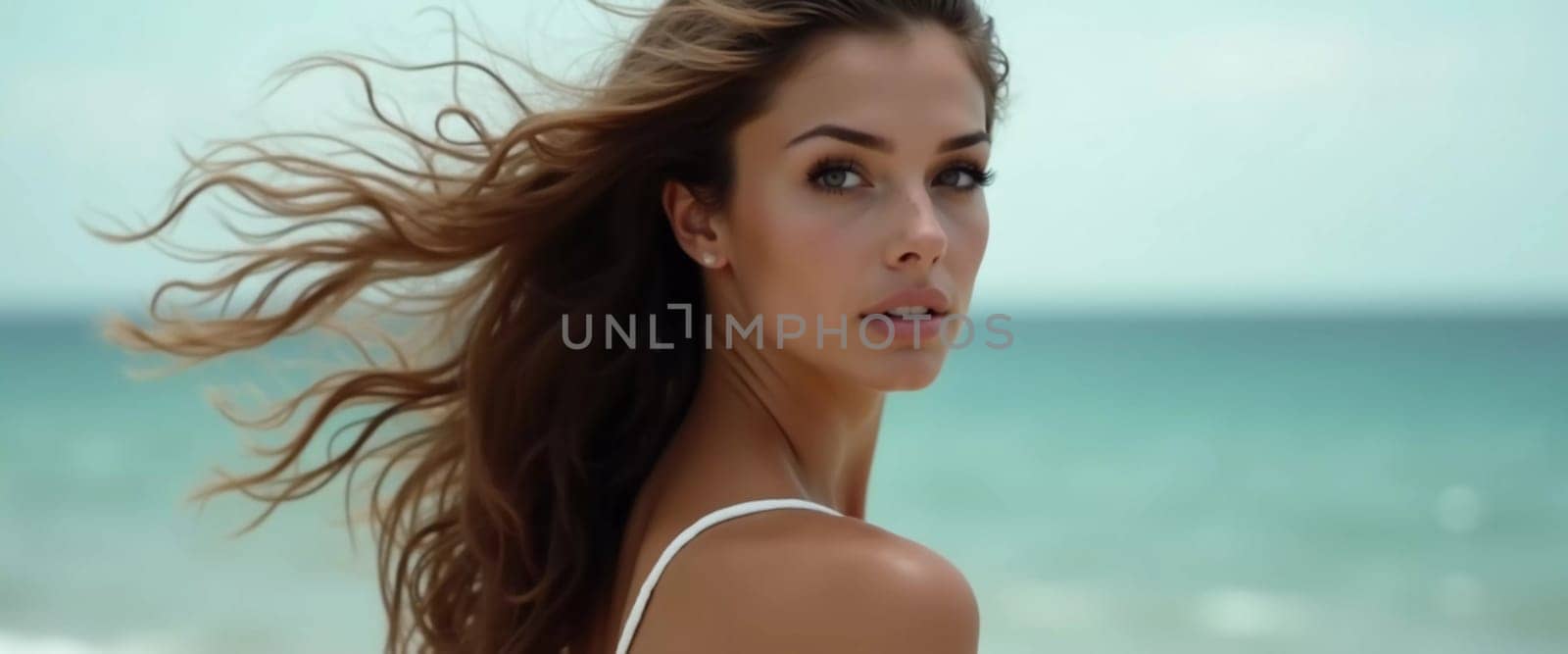 A brunette woman in a swimsuit gazes back while standing near the shoreline. Gentle sea waves lap at her feet under a clear blue sky. Long hair, beautiful young face. Travel and clothing adverts. AI.