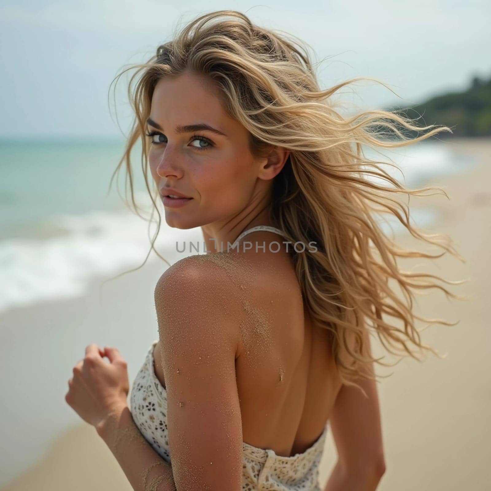 A blonde woman in a swimsuit gazes back while standing near the shoreline. Gentle sea waves lap at her feet under a clear blue sky. Long hair, beautiful young face. Travel and clothing adverts. AI.