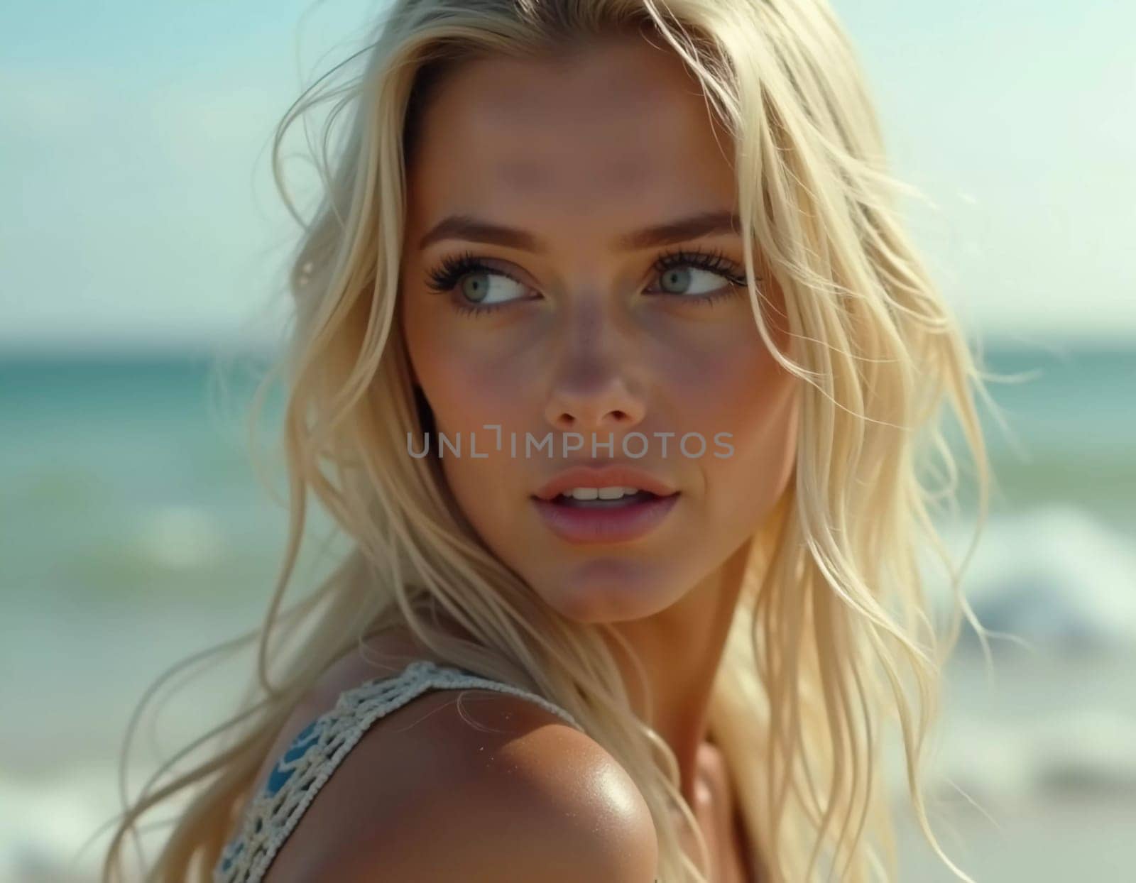 A blonde woman in a swimsuit gazes back while standing near the shoreline. Gentle sea waves lap at her feet under a clear blue sky. Long hair, beautiful young face. Travel and clothing adverts. AI.