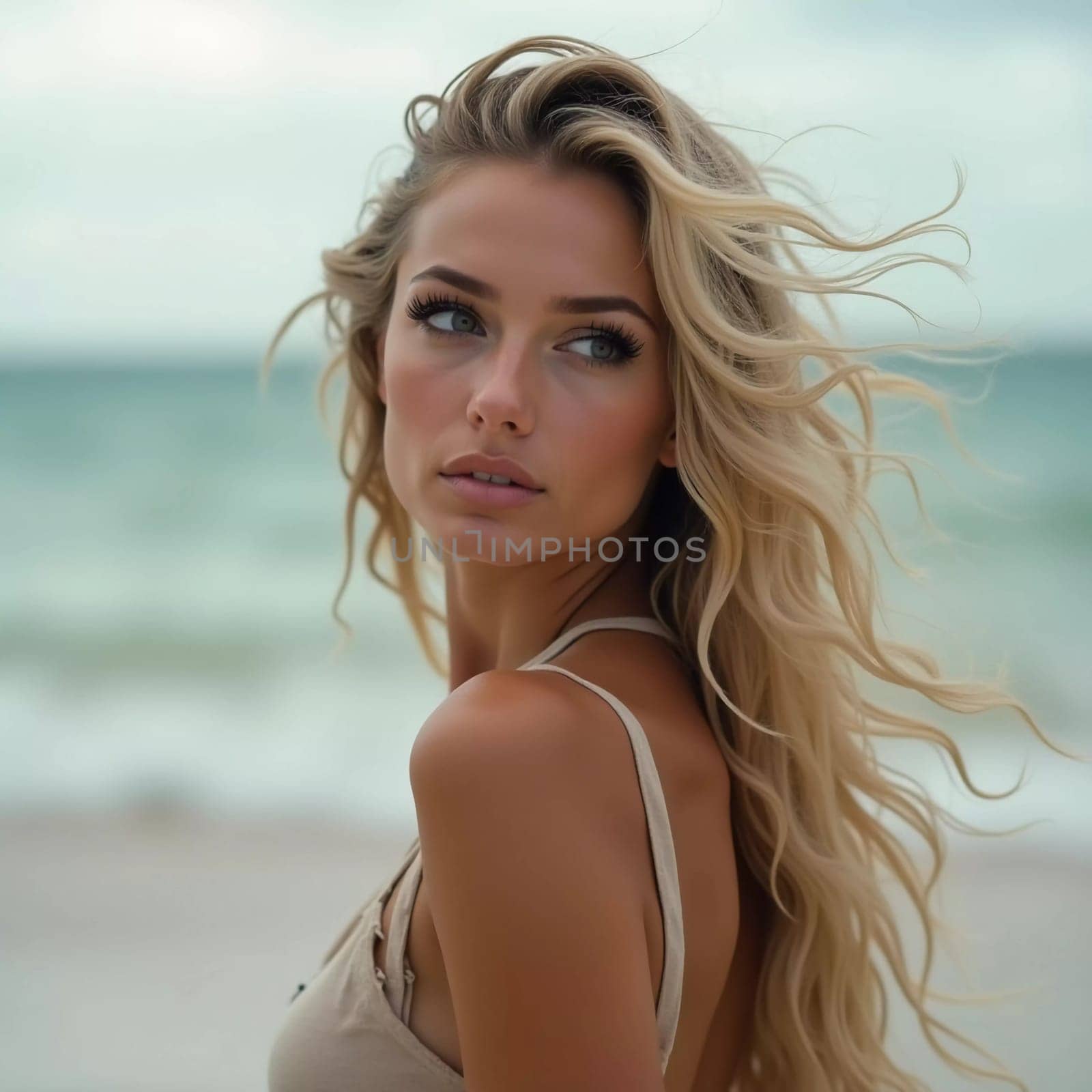 A blonde woman in a swimsuit gazes back while standing near the shoreline. Gentle sea waves lap at her feet under a clear blue sky. Long hair, beautiful young face. Travel and clothing adverts. AI.