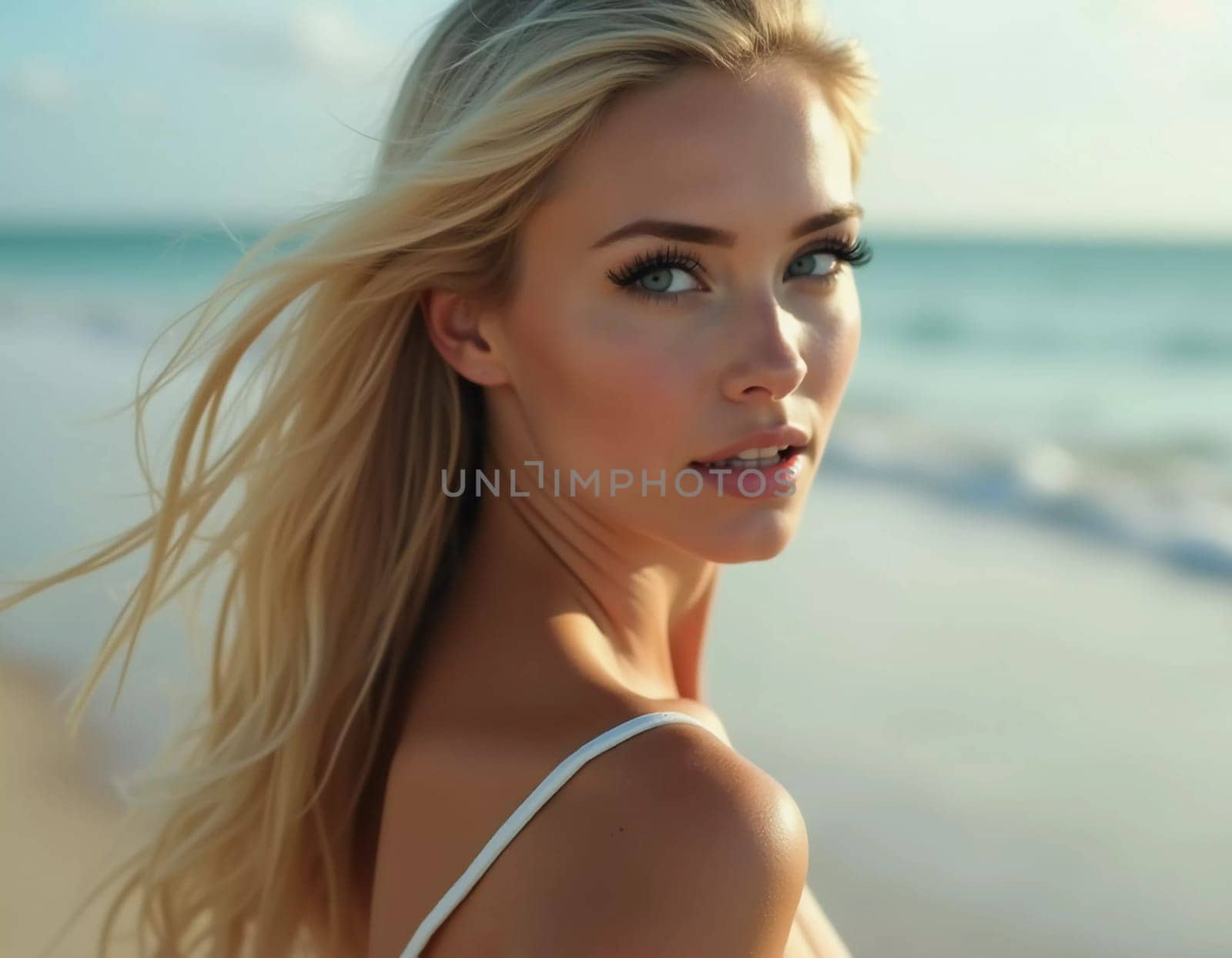 A blonde woman in a swimsuit gazes back while standing near the shoreline. Gentle sea waves lap at her feet under a clear blue sky. Long hair, beautiful young face. Travel and clothing adverts. AI.